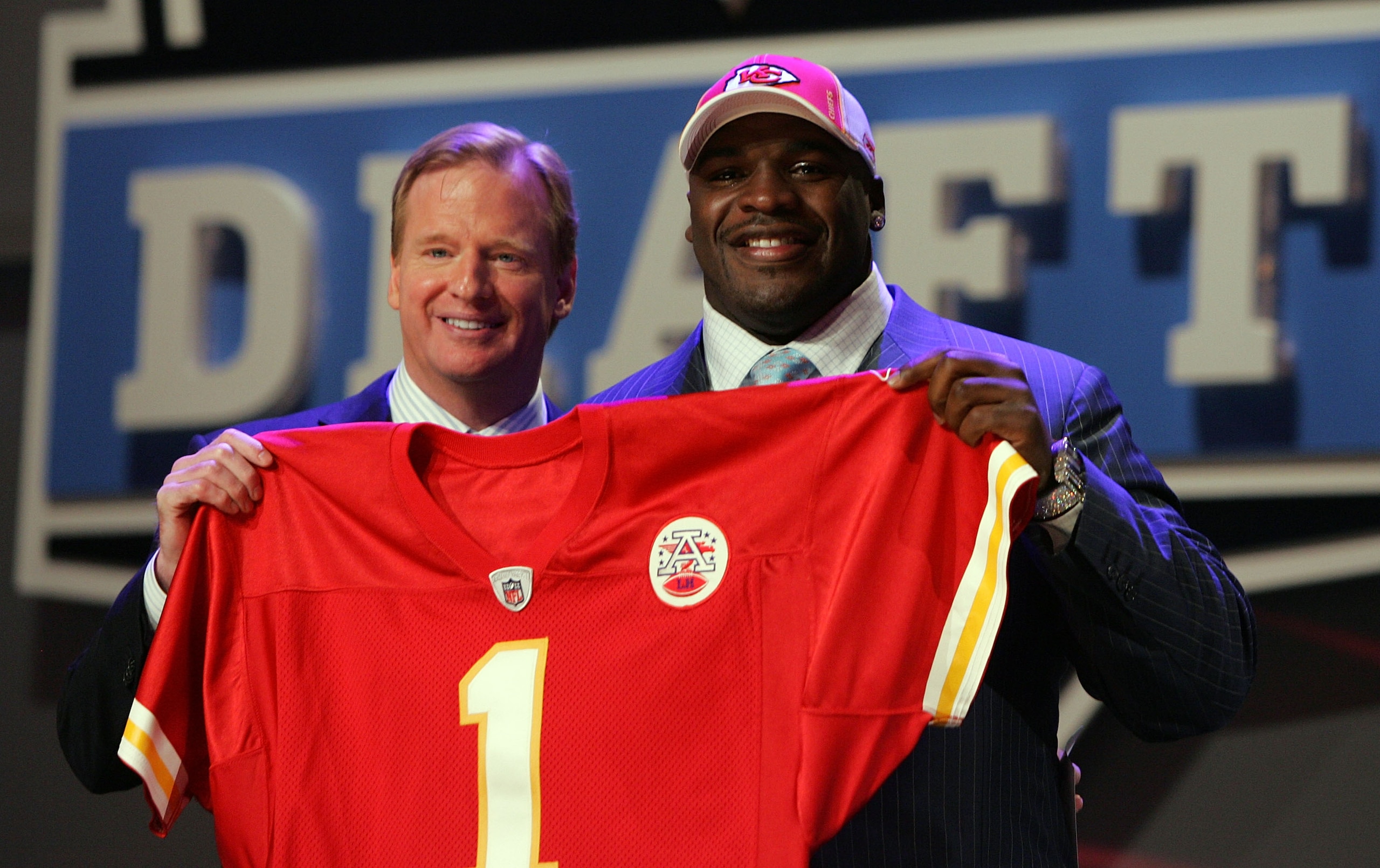 NEW YORK - APRIL 26: Glenn Dorsey poses for a photo after being selected as the fifth overall pick by the Kansas City Chiefs with National Football League Commissioner Roger Goodell during the 2008 NFL Draft on April 26, 2008 at Radio City Music Hall in NEW YORK - APRIL 26: Glenn Dorsey poses for a photo after being selected as the fifth overall pick by the Kansas City Chiefs with National Football League Commissioner Roger Goodell during the 2008 NFL Draft on April 26, 2008 at Radio City Music Hall in
