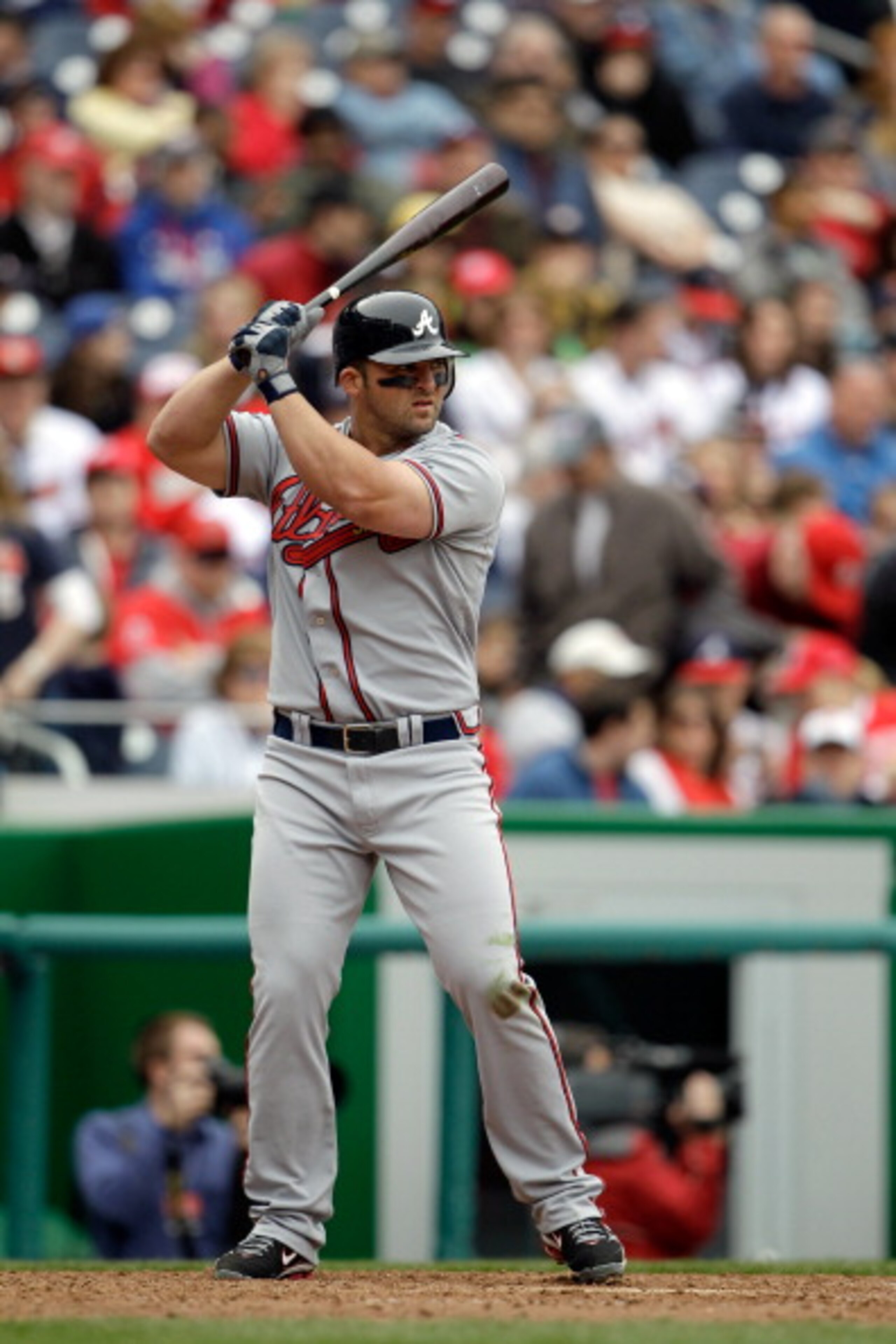 WASHINGTON, DC - APRIL 03:  Dan Uggla #26 of the Atlanta Braves at the plate against the Washington Nationals at Nationals Park on April 3, 2011 in Washington, DC.  (Photo by Rob Carr/Getty Images)