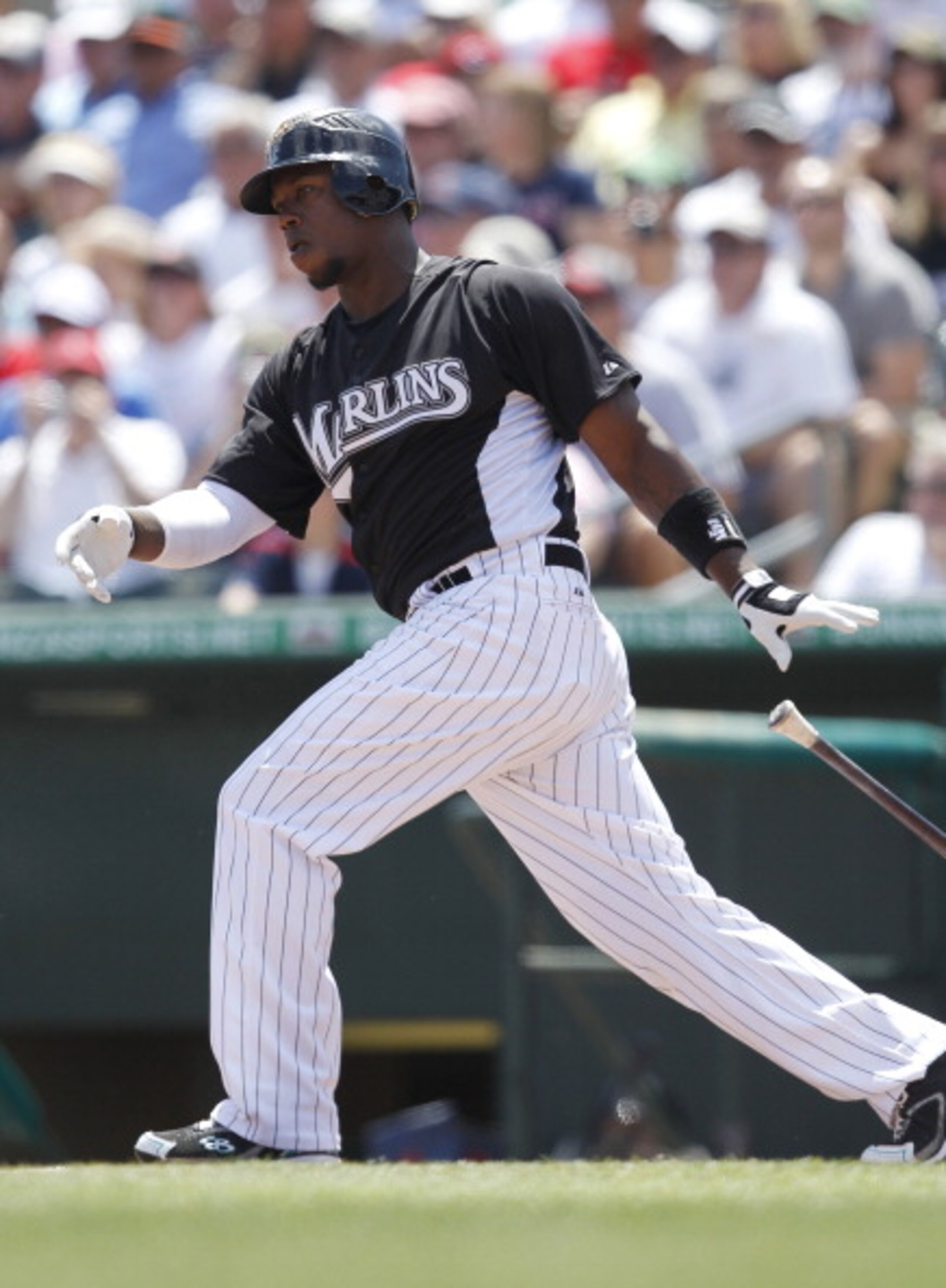 JUPITER, FL - MARCH 24: Hanley Ramirez #2 of the Florida Marlins hits a single against the Boston Red Sox in the first inning at Roger Dean Stadium on March 24, 2011 in Jupiter, Florida. (Photo by Joel Auerbach/Getty Images)