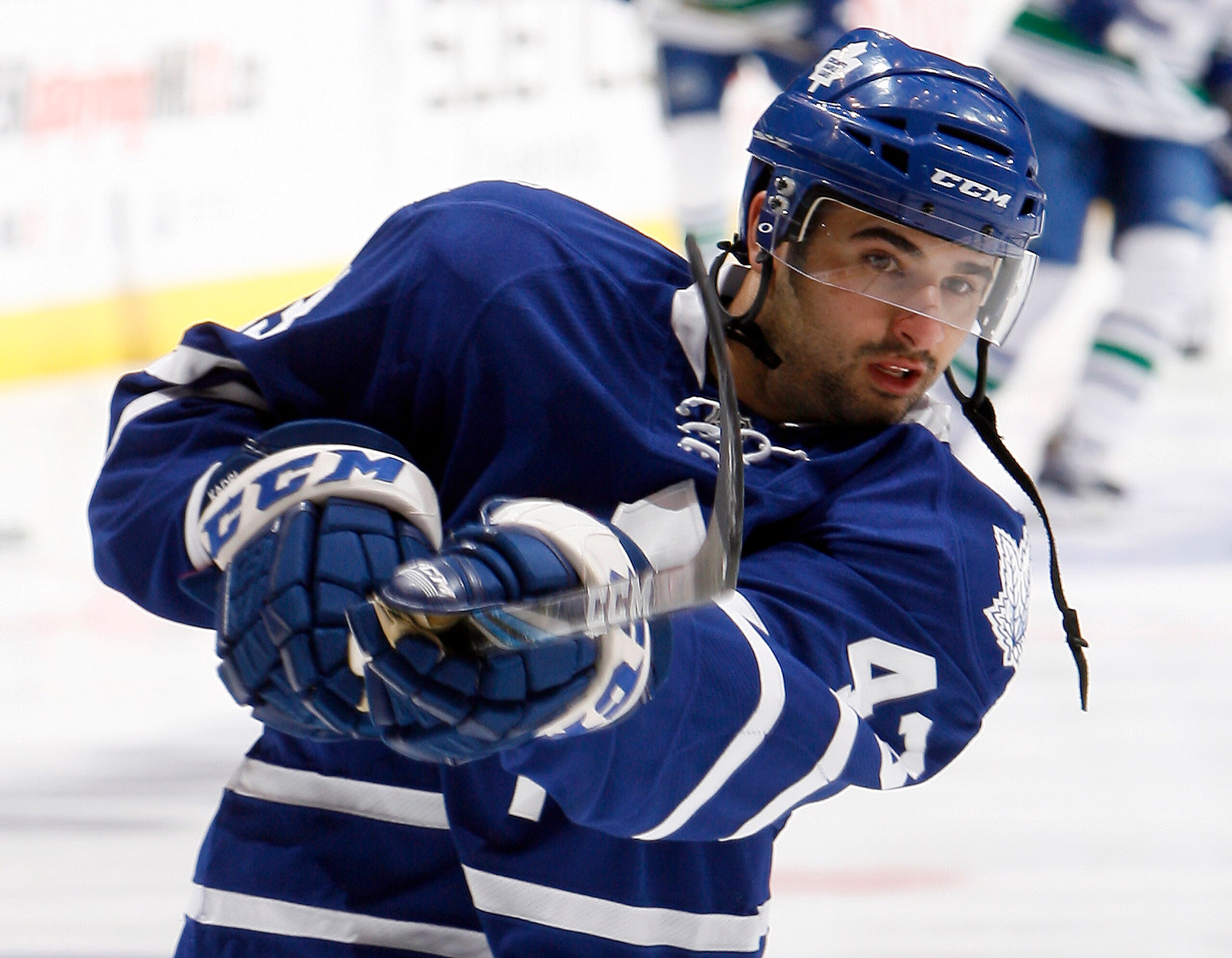 TORONTO - NOVEMBER 13: Nazem Kadri #43 of the Toronto Maple Leafs shoots during warmup before his first NHL game at the Air Canada Centre against the Vancouver Canucks November 13, 2010 in Toronto, Ontario, Canada. (Photo by Abelimages/Getty Images)