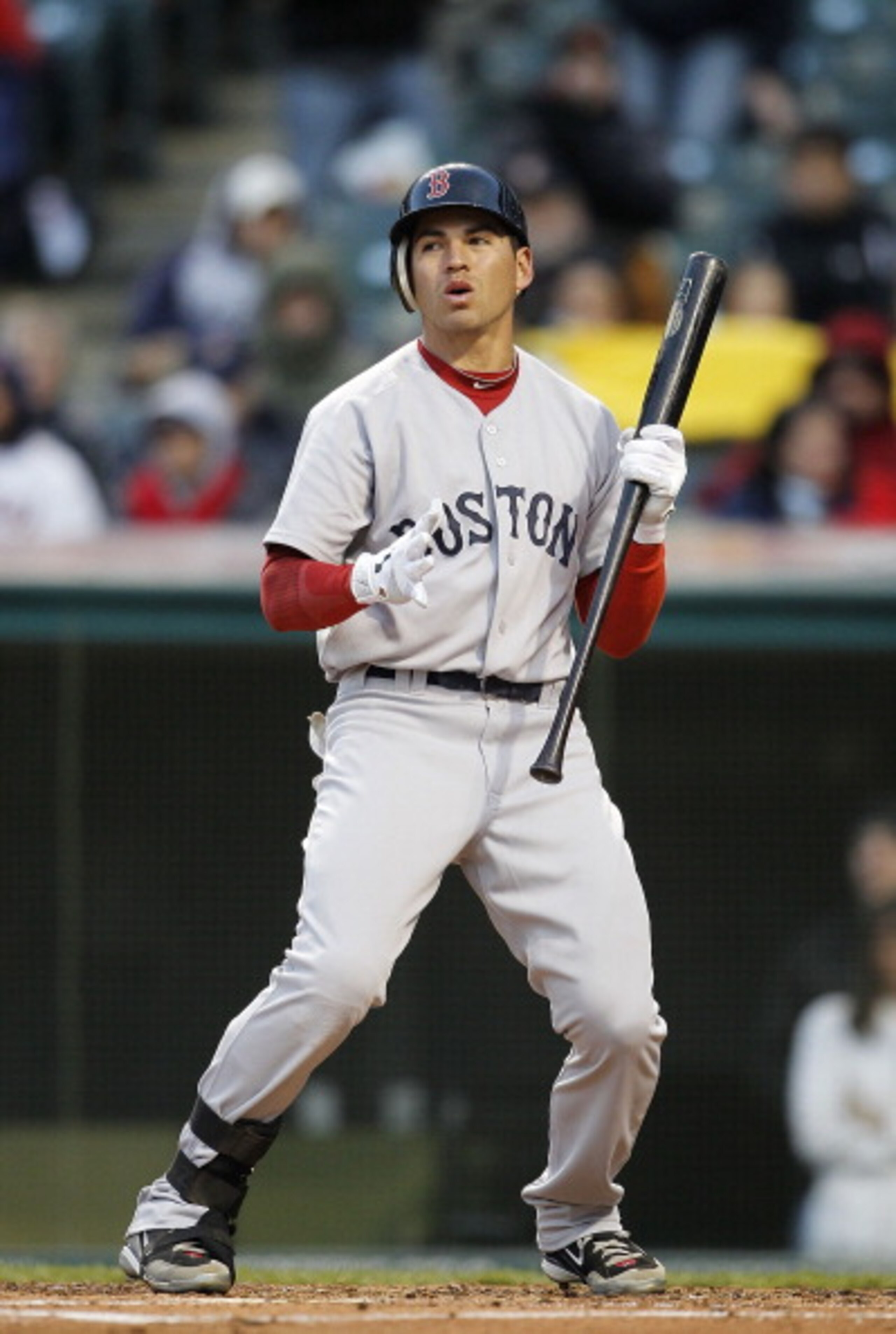 CLEVELAND - APRIL 05:  Jacoby Ellsbury #2 of the Boston Red Sox reacts after striking out during the third inning of the game against the Cleveland Indians at Progressive Field on April 5, 2011 in Cleveland, Ohio. The Indians defeated the Red Sox 3-1. (Ph