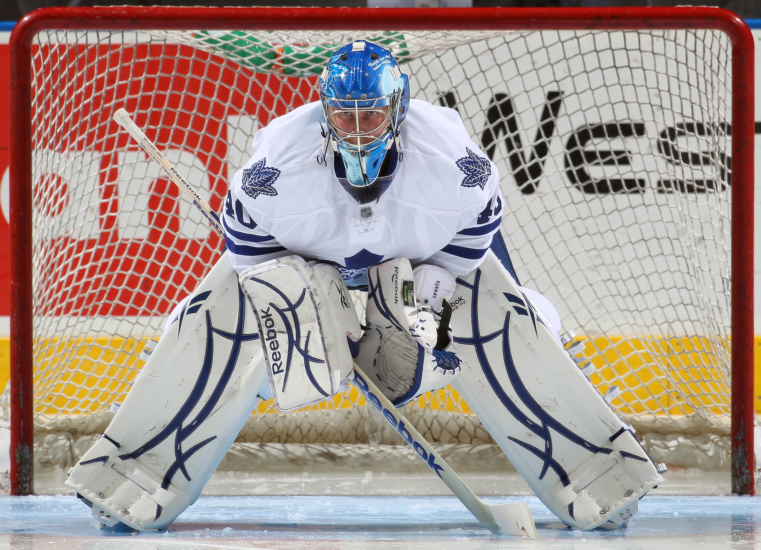 LONDON, CANADA - SEPTEMBER 11:  Jussi Rynnas #40 of the Toronto Maple Leafs waits for a shot in a game against the Chicago Blackhawks during the NHL Rookie Tournament on September 11,2010 at the John Labatt Centre in London, Ontario, Canada. The Leafs def