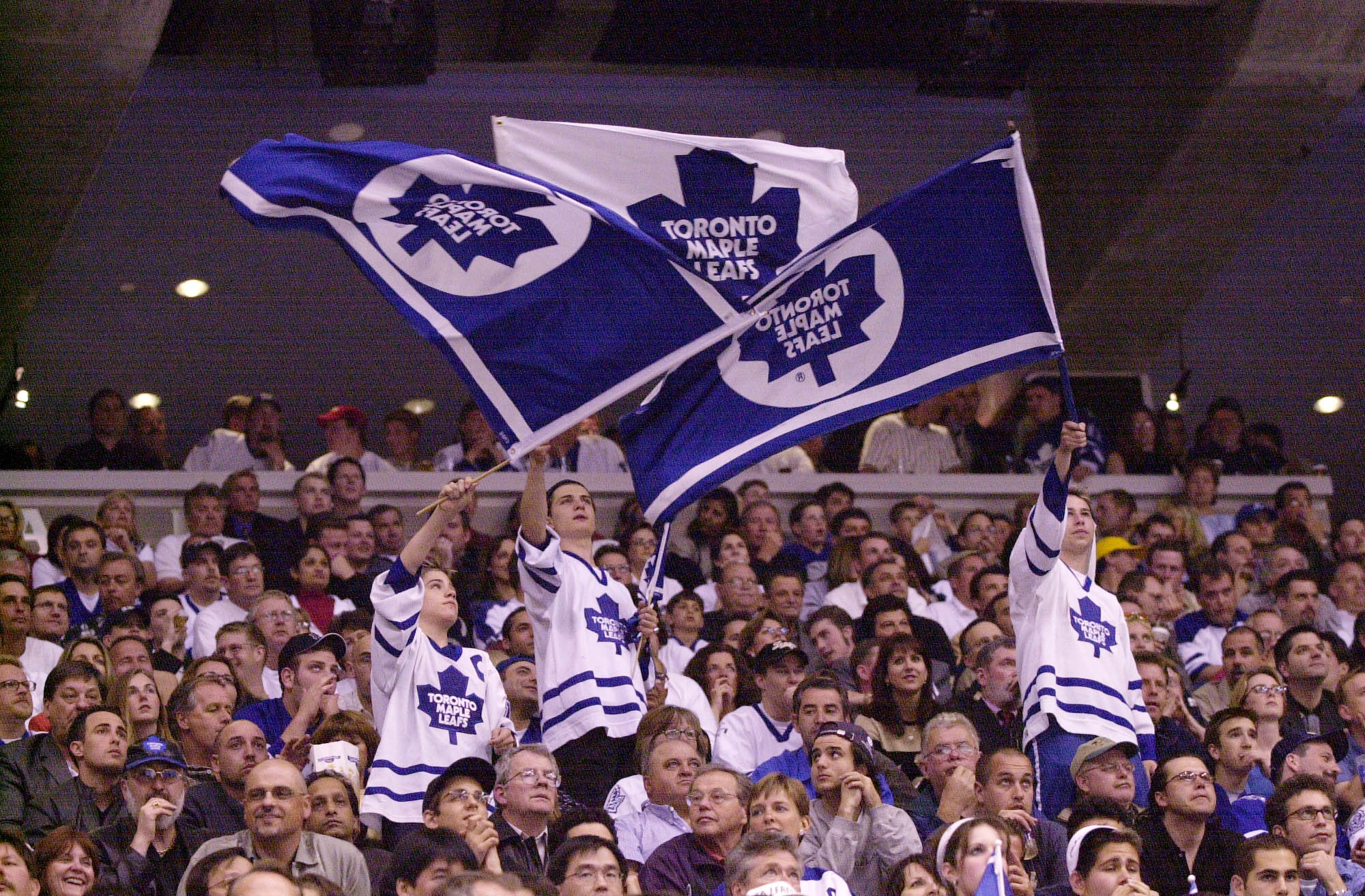 7 May 2001: Toronto Maple Leafs fans waves flags during game 6 of the Eastern Conference Semifinals against the New Jersey Devils at the Air Canada Center in Toronto, Ontario, Canada.  The Devils won 4-2. DIGITAL IMAGE.  Mandatory Credit: Harry How/ALLSPO