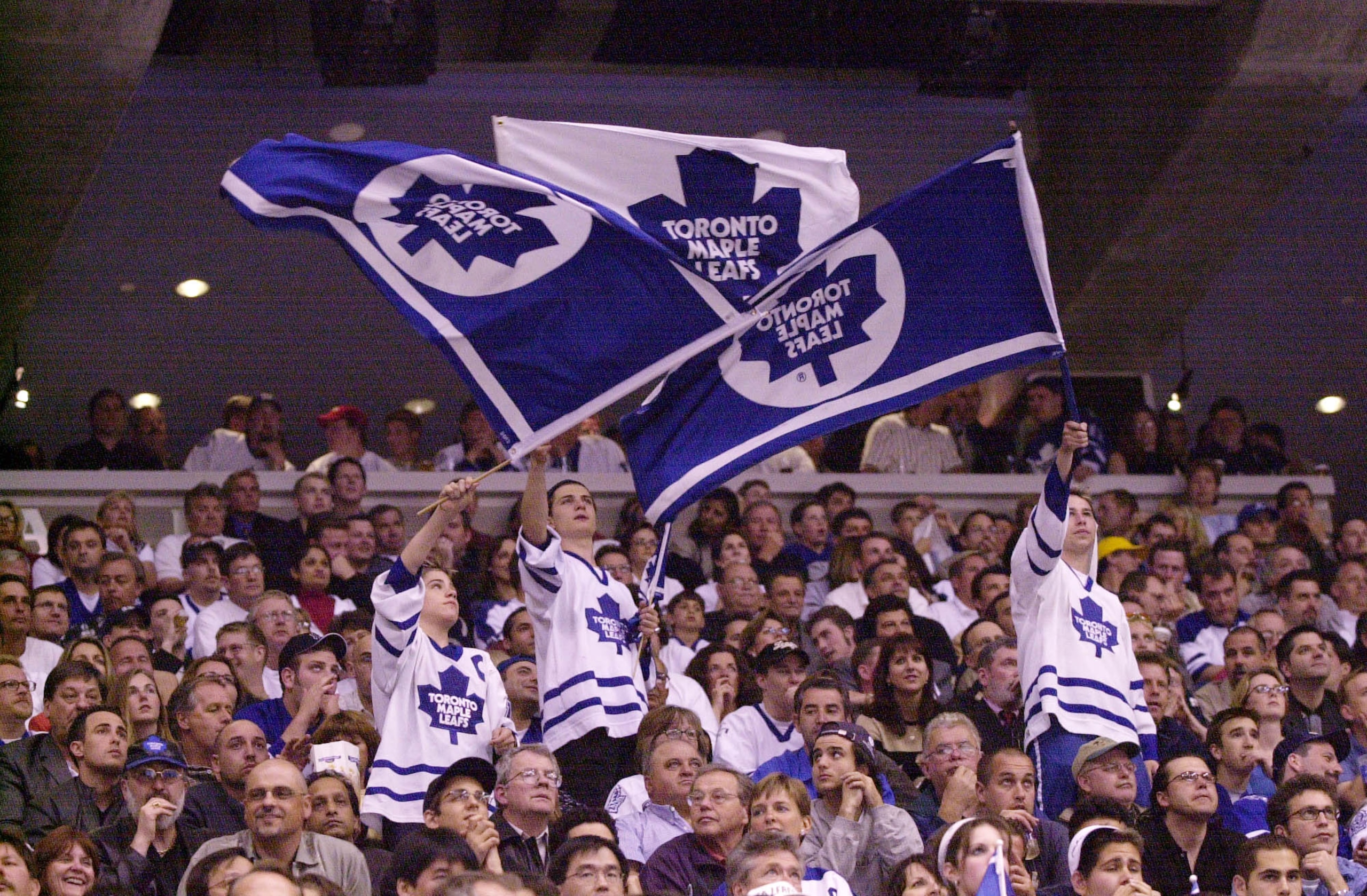 7 May 2001: Toronto Maple Leafs fans waves flags during game 6 of the Eastern Conference Semifinals against the New Jersey Devils at the Air Canada Center in Toronto, Ontario, Canada.  The Devils won 4-2. DIGITAL IMAGE.  Mandatory Credit: Harry How/ALLSPO
