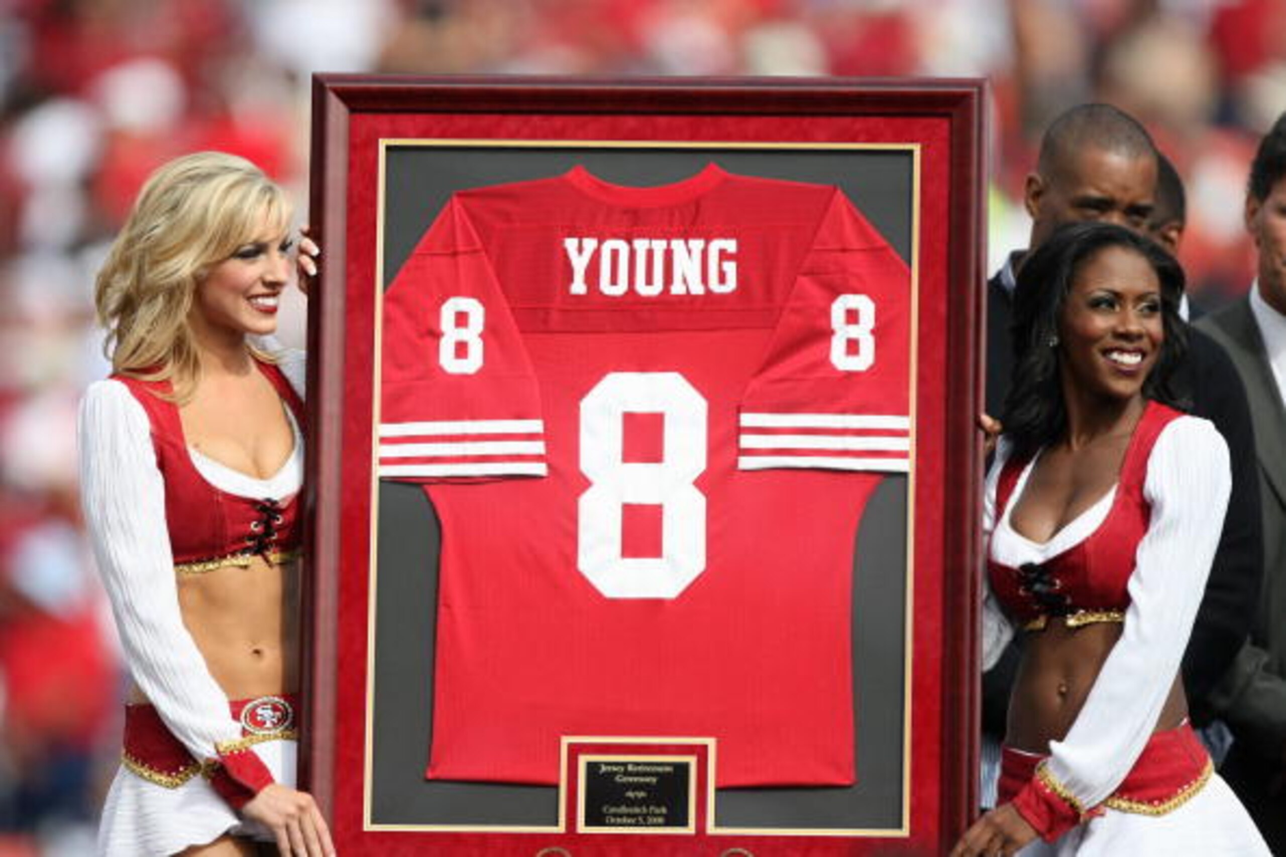 SAN FRANCISCO - OCTOBER 5: Former San Francisco 49ers quarterback Steve Young retires his number at halftime of the New England Patriots and the San Francisco 49ers NFL game on October 5, 2008 at Candlestick Park in San Francisco, California. (Photo by Je