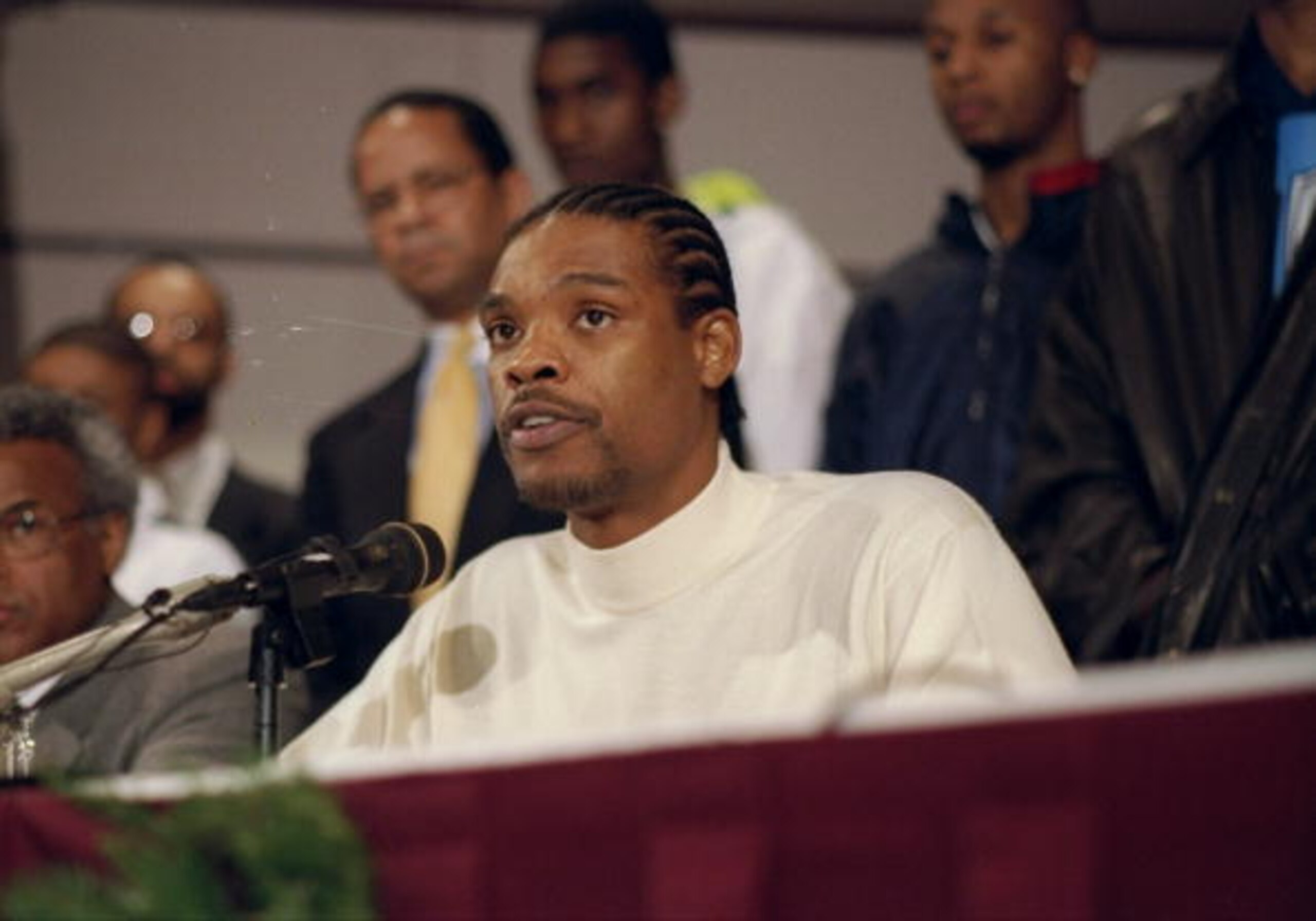 9 Dec 1997: Latrell Sprewell of the Golden State Warriors holds a press conference after being suspended from the NBA due to an attack on head coach P.J. Charlisimo in Oakland, California. Mandatory Credit: Otto Greule /Allsport 9 Dec 1997: Latrell Sprewell of the Golden State Warriors holds a press conference after being suspended from the NBA due to an attack on head coach P.J. Charlisimo in Oakland, California. Mandatory Credit: Otto Greule /Allsport