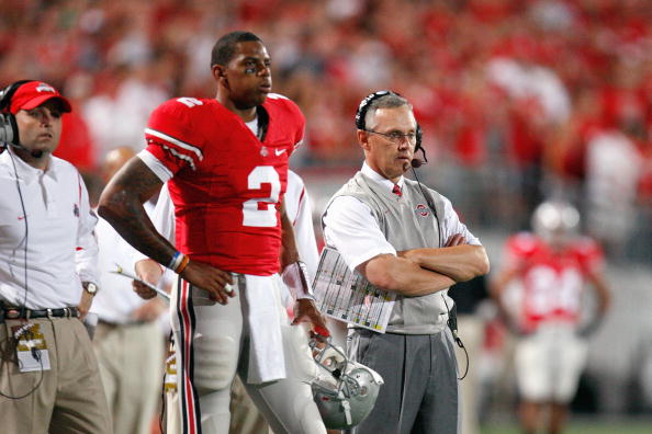 COLUMBUS, OH - SEPTEMBER 12:  Head coach Jim Tressel of the Ohio State Buckeyes and Terrelle Pryor #2 watch the action during the game against the Southern California Trojans on September 12, 2009 at Ohio Stadium in Columbus, Ohio. The Trojans defeated th