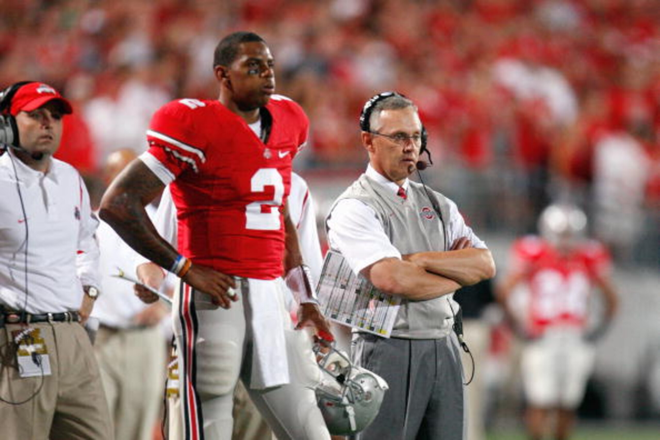COLUMBUS, OH - SEPTEMBER 12:  Head coach Jim Tressel of the Ohio State Buckeyes and Terrelle Pryor #2 watch the action during the game against the Southern California Trojans on September 12, 2009 at Ohio Stadium in Columbus, Ohio. The Trojans defeated th