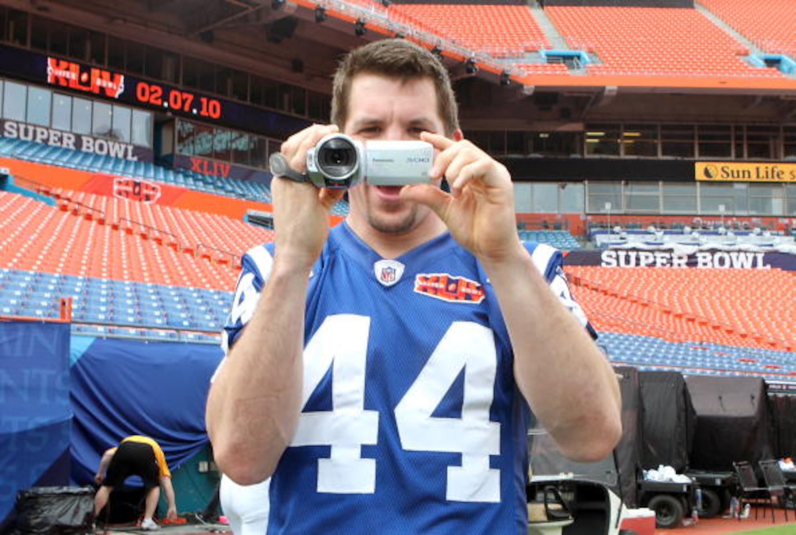 MIAMI GARDENS, FL - FEBRUARY 02:  Dallas Clark #44 of the Indianapolis Colts uses a video recorder during Super Bowl XLIV Media Day at Sun Life Stadium on February 2, 2010 in Miami Gardens, Florida.  (Photo by Doug Benc/Getty Images)