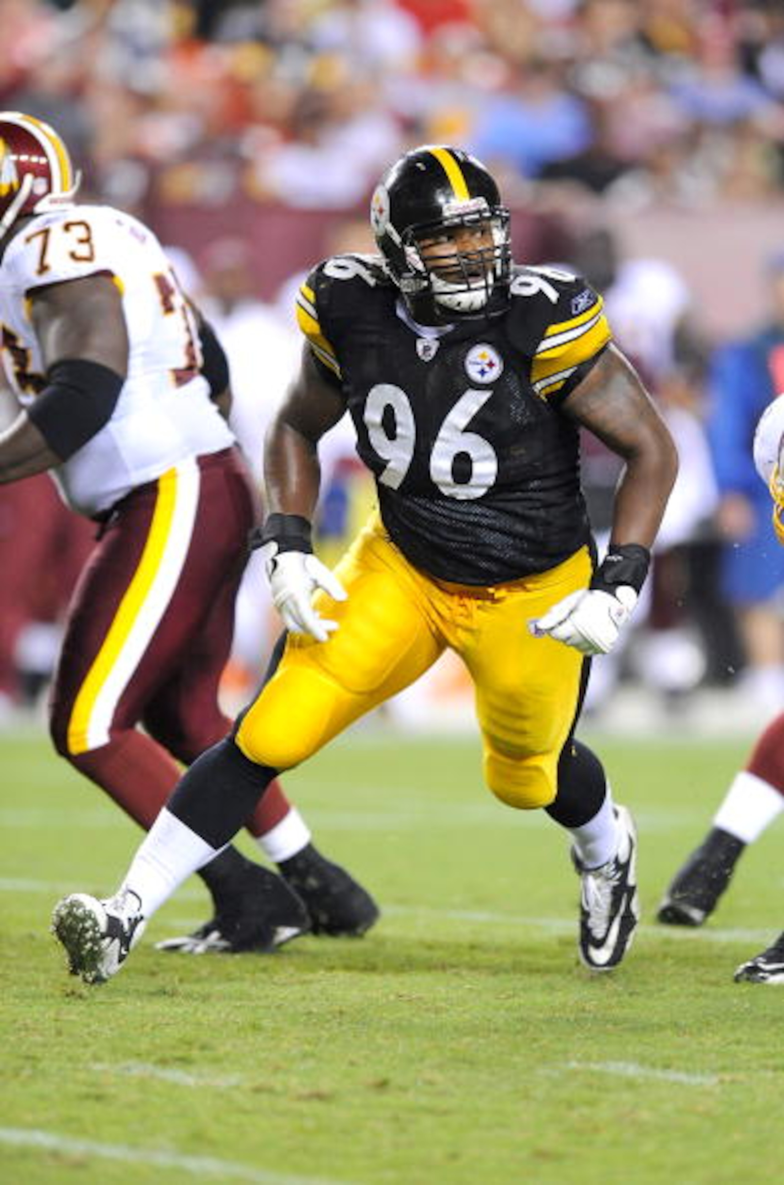 LANDOVER, MD - AUGUST 22:  Ziggy Hood #96 of the Pittsburgh Steelers rushes the quarterback during the game against the Washington Redskins at Fed Ex Field on August 22, 2009 in Landover, Maryland.  (Photo by Greg Fiume/Getty Images)
