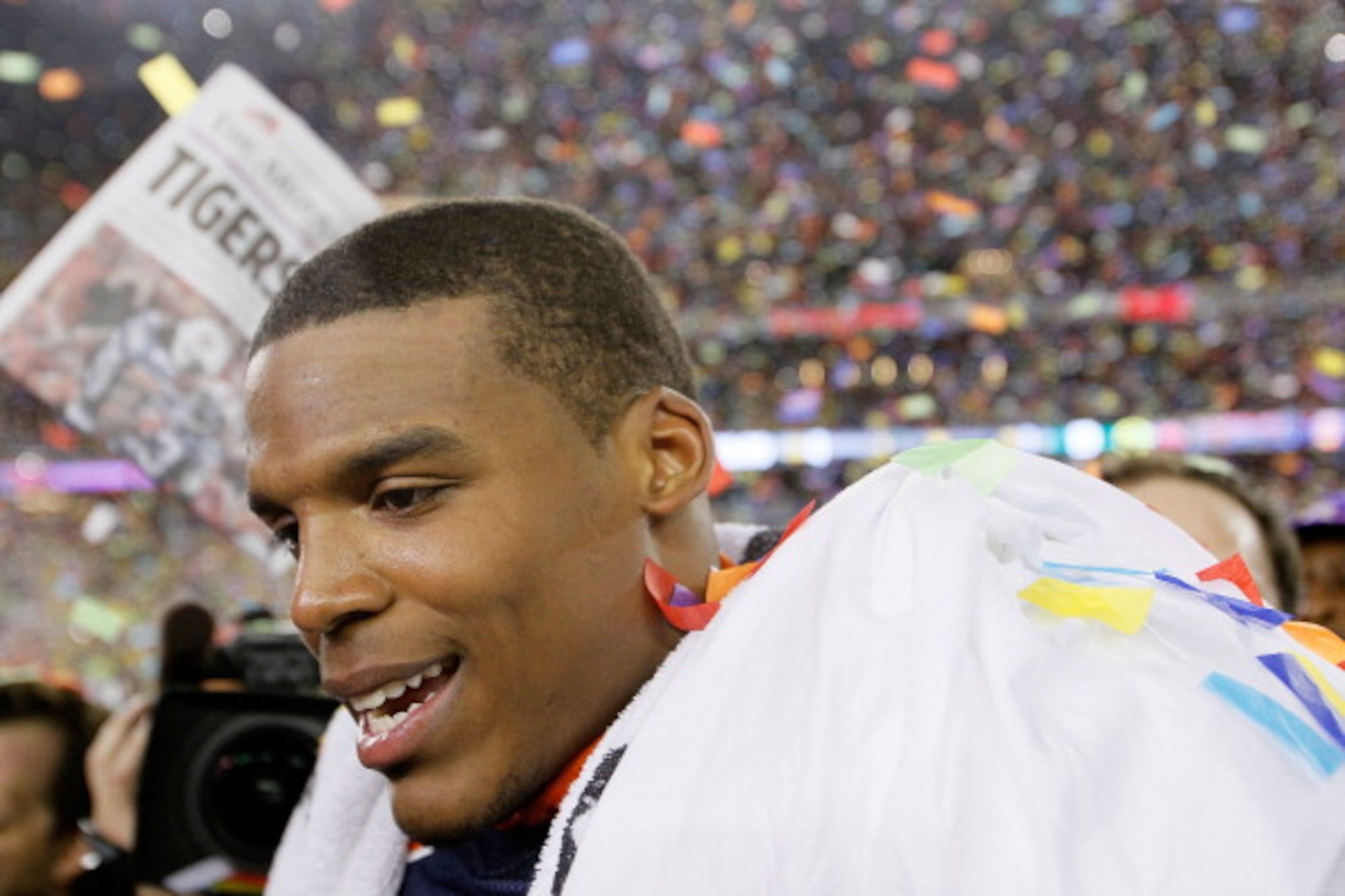 GLENDALE, AZ - JANUARY 10:  Quarterback Cameron Newton #2 of the Auburn Tigers celebrates their 22-19 victory after defeating the Oregon Ducks in the Tostitos BCS National Championship Game at University of Phoenix Stadium on January 10, 2011 in Glendale,