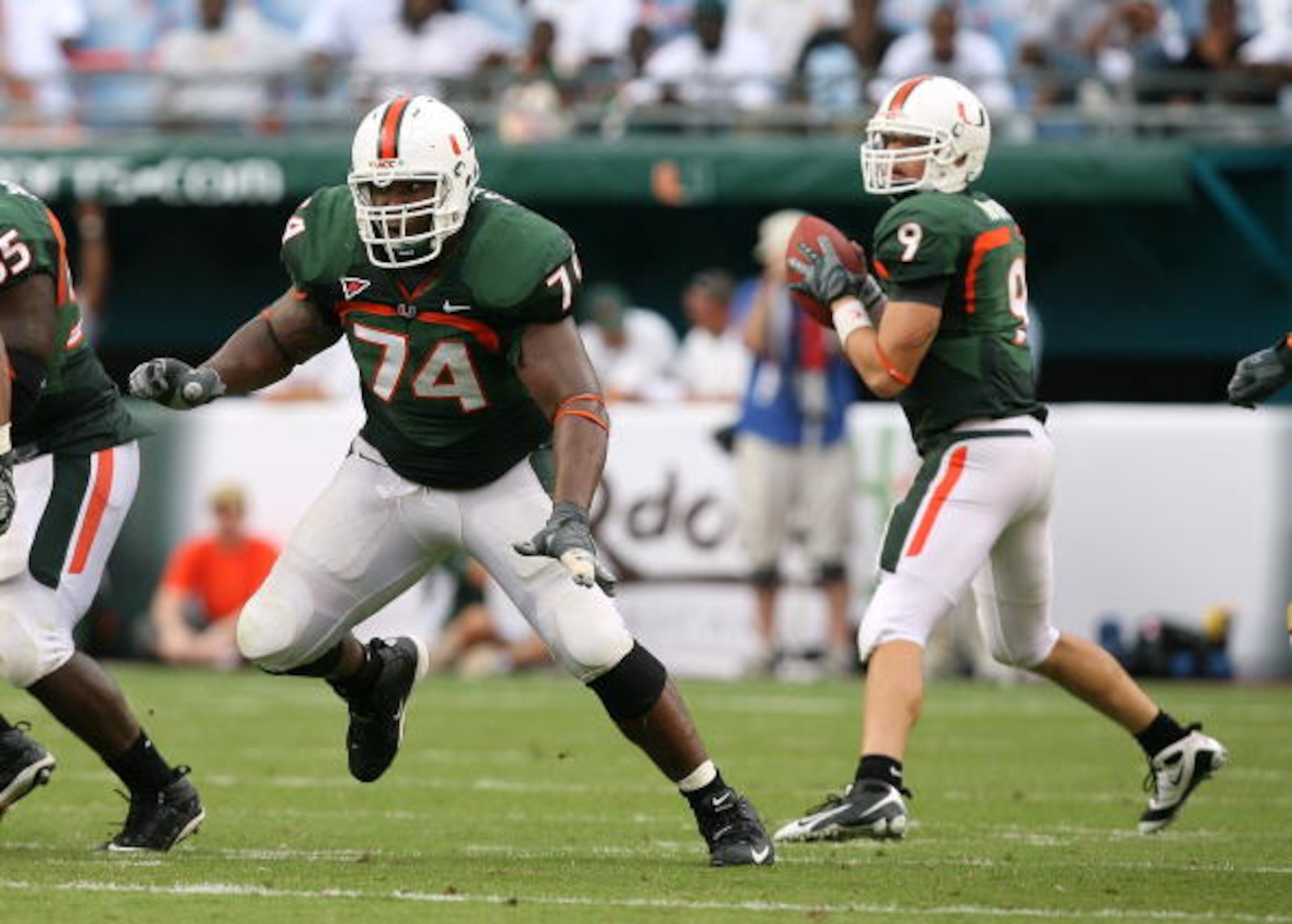 MIAMI - OCTOBER 25:  Offensive lineman Orlando Franklin #74 of the Miami Hurricanes drops back to block while taking on the Wake Forest Demon Decons at Dolphin Stadium on October 25, 2008 in Miami, Florida. Miami defeated Wake Forest 16-10.  (Photo by Dou