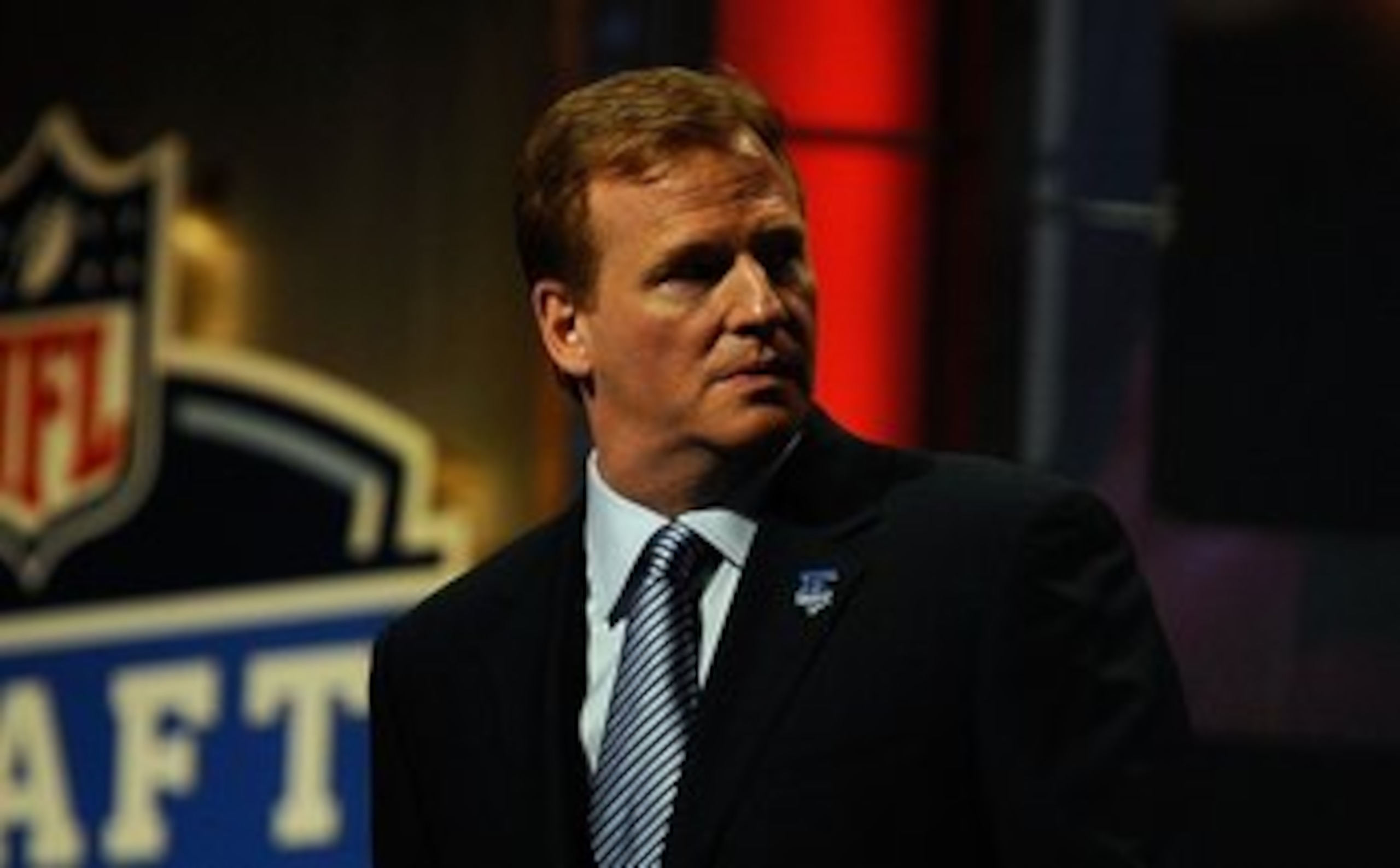 NEW YORK - APRIL 22: NFL Commissioner Roger Goodell looks on as he stands on stage during the first round of the 2010 NFL Draft at Radio City Music Hall on April 22, 2010 in New York City. (Photo by Jeff Zelevansky/Getty Images) NEW YORK - APRIL 22: NFL Commissioner Roger Goodell looks on as he stands on stage during the first round of the 2010 NFL Draft at Radio City Music Hall on April 22, 2010 in New York City. (Photo by Jeff Zelevansky/Getty Images)