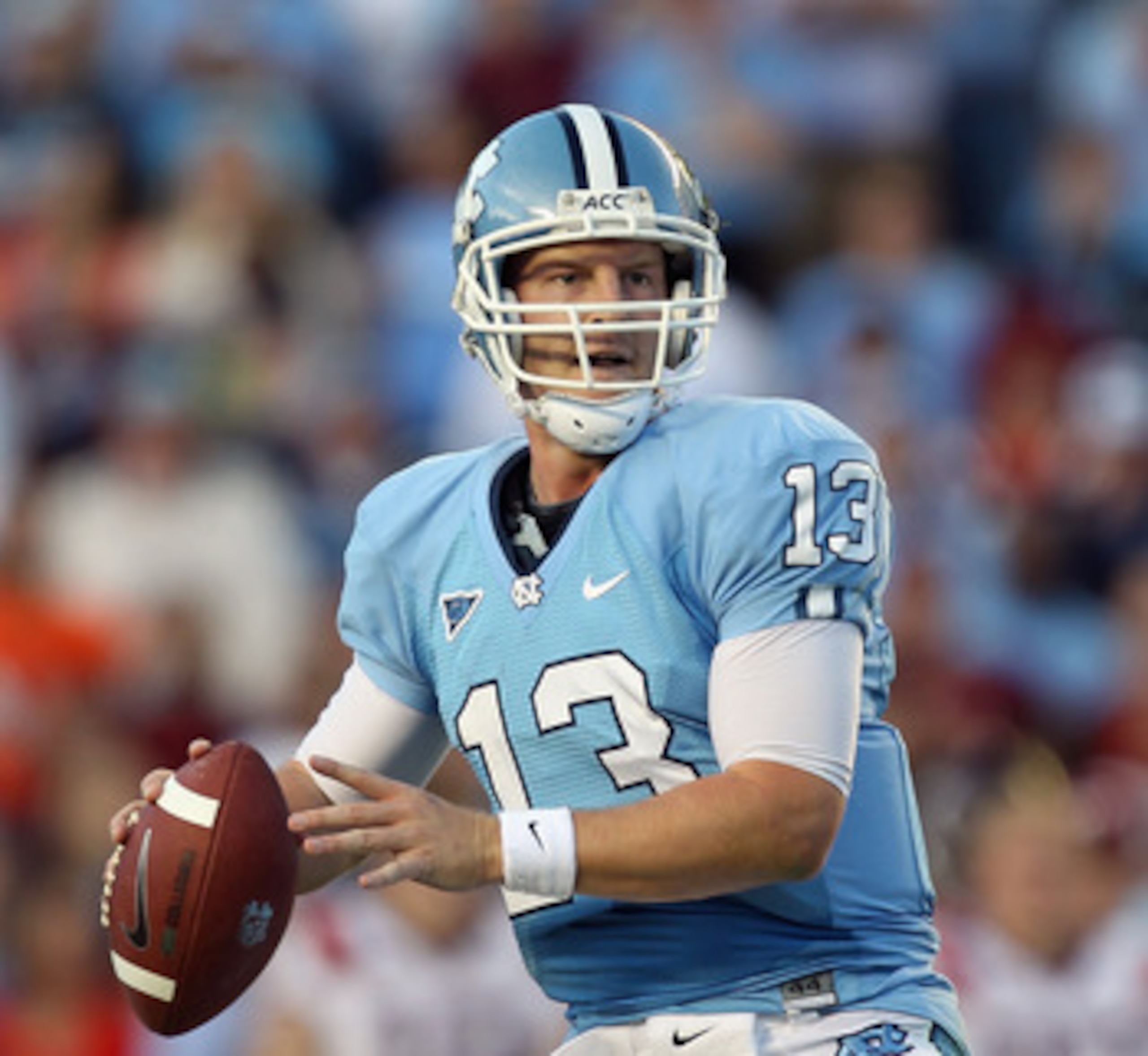 CHAPEL HILL, NC - NOVEMBER 13: T.J. Yates #13 of the North Carolina Tar Heels drops back to throw a pass against the Virginia Tech Hokies during their game at Kenan Stadium on November 13, 2010 in Chapel Hill, North Carolina. (Photo by Streeter Lecka/Ge CHAPEL HILL, NC - NOVEMBER 13: T.J. Yates #13 of the North Carolina Tar Heels drops back to throw a pass against the Virginia Tech Hokies during their game at Kenan Stadium on November 13, 2010 in Chapel Hill, North Carolina. (Photo by Streeter Lecka/Ge
