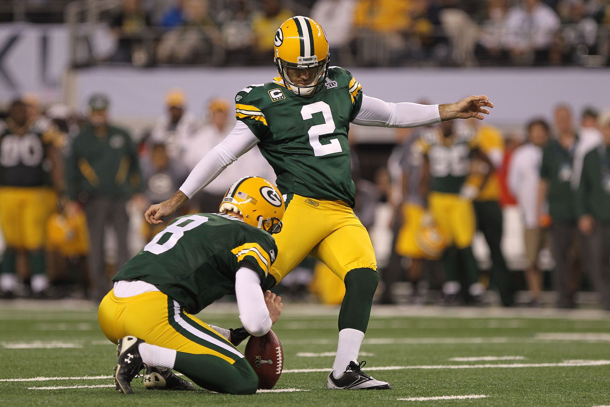 ARLINGTON, TX - FEBRUARY 06: Mason Crosby #2 of the Green Bay Packers kicks a field goal during the fourth quarter of Super Bowl XLV at Cowboys Stadium on February 6, 2011 in Arlington, Texas. (Photo by Doug Pensinger/Getty Images) ARLINGTON, TX - FEBRUARY 06: Mason Crosby #2 of the Green Bay Packers kicks a field goal during the fourth quarter of Super Bowl XLV at Cowboys Stadium on February 6, 2011 in Arlington, Texas. (Photo by Doug Pensinger/Getty Images)