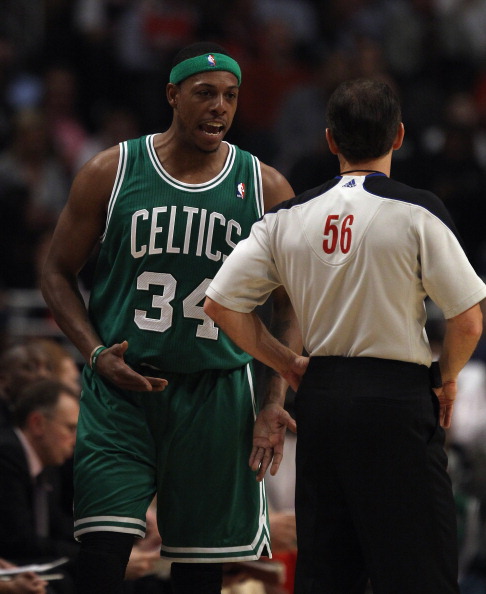 CHICAGO, IL - APRIL 07: Paul Pierce #34 of the Boston Celtics earns a technical foul for yelling at referee Mark Ayotte #56 during a game against the Chicago Bulls at United Center on April 7, 2011 in Chicago, Illinois. NOTE TO USER: User expressly acknow