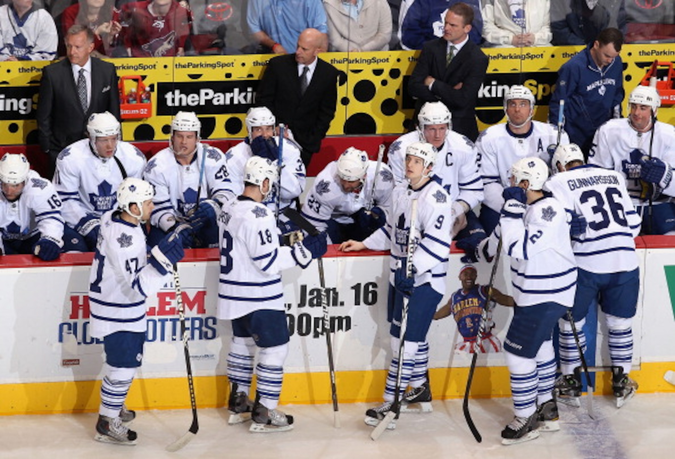GLENDALE, AZ - JANUARY 13: (L-R) Tyler Bozak #42, Mike Brown #18, Colby Armstrong #9, Luke Schenn #2 and Carl Gunnarsson #36 of the Toronto Maple Leafs skate up to the bench during a time out from the NHL game against the Phoenix Coyotes at Jobing.com Are GLENDALE, AZ - JANUARY 13: (L-R) Tyler Bozak #42, Mike Brown #18, Colby Armstrong #9, Luke Schenn #2 and Carl Gunnarsson #36 of the Toronto Maple Leafs skate up to the bench during a time out from the NHL game against the Phoenix Coyotes at Jobing.com Are