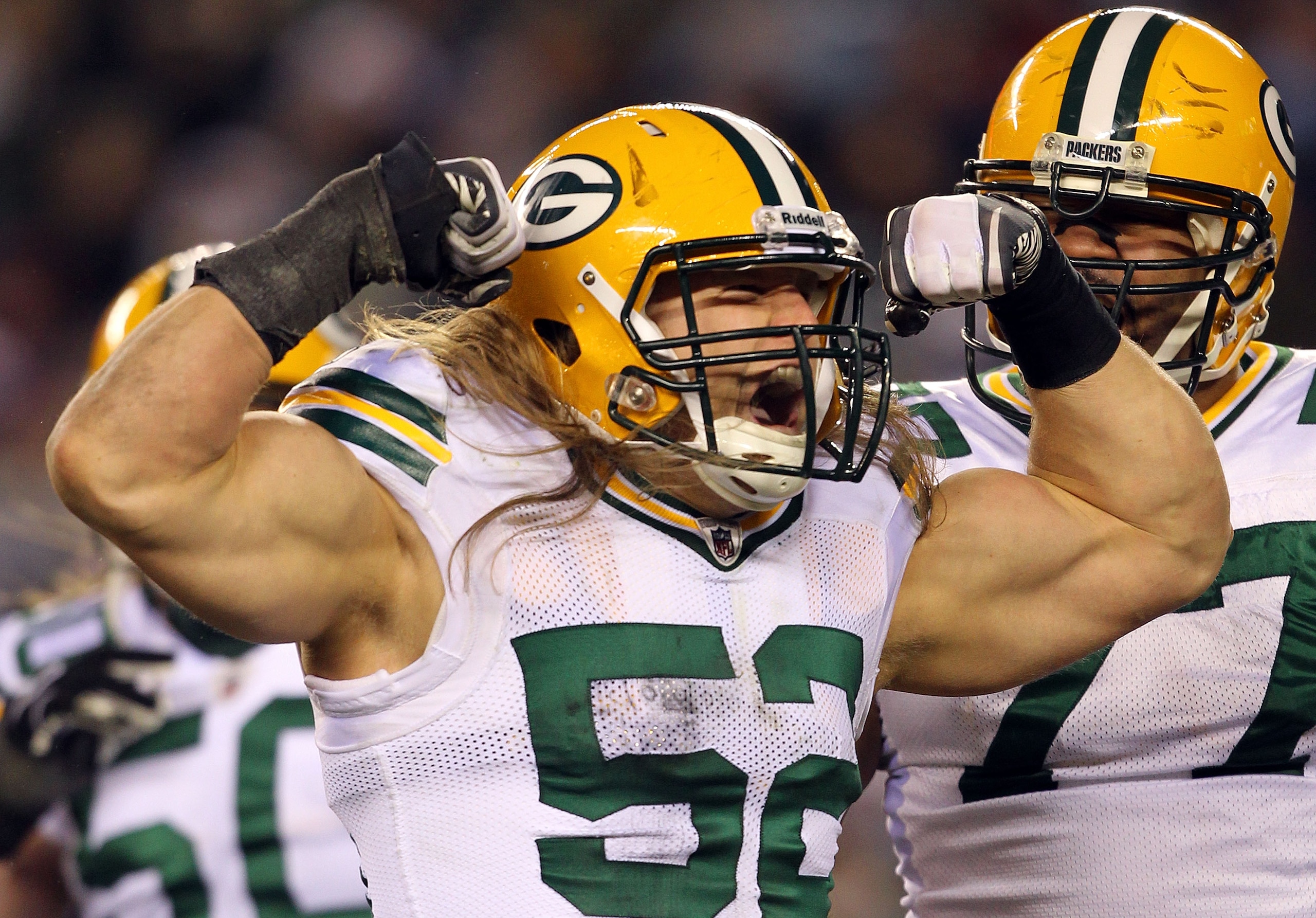 PHILADELPHIA, PA - JANUARY 09: Clay Matthews #52 of the Green Bay Packers celebrates after a sack against the Michael Vick #7 of the Philadelphia Eagles during the 2011 NFC wild card playoff game at Lincoln Financial Field on January 9, 2011 in Philadelp PHILADELPHIA, PA - JANUARY 09: Clay Matthews #52 of the Green Bay Packers celebrates after a sack against the Michael Vick #7 of the Philadelphia Eagles during the 2011 NFC wild card playoff game at Lincoln Financial Field on January 9, 2011 in Philadelp