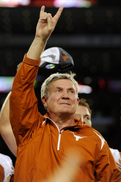 ARLINGTON, TX - DECEMBER 5:  Head coach Mack Brown of the Texas Longhorns after his teams 10-6 victory over the Nebraska Cornhuskers in the game at Cowboys Stadium on December 5, 2009 in Arlington, Texas. (Photo by Ronald Martinez/Getty Images)