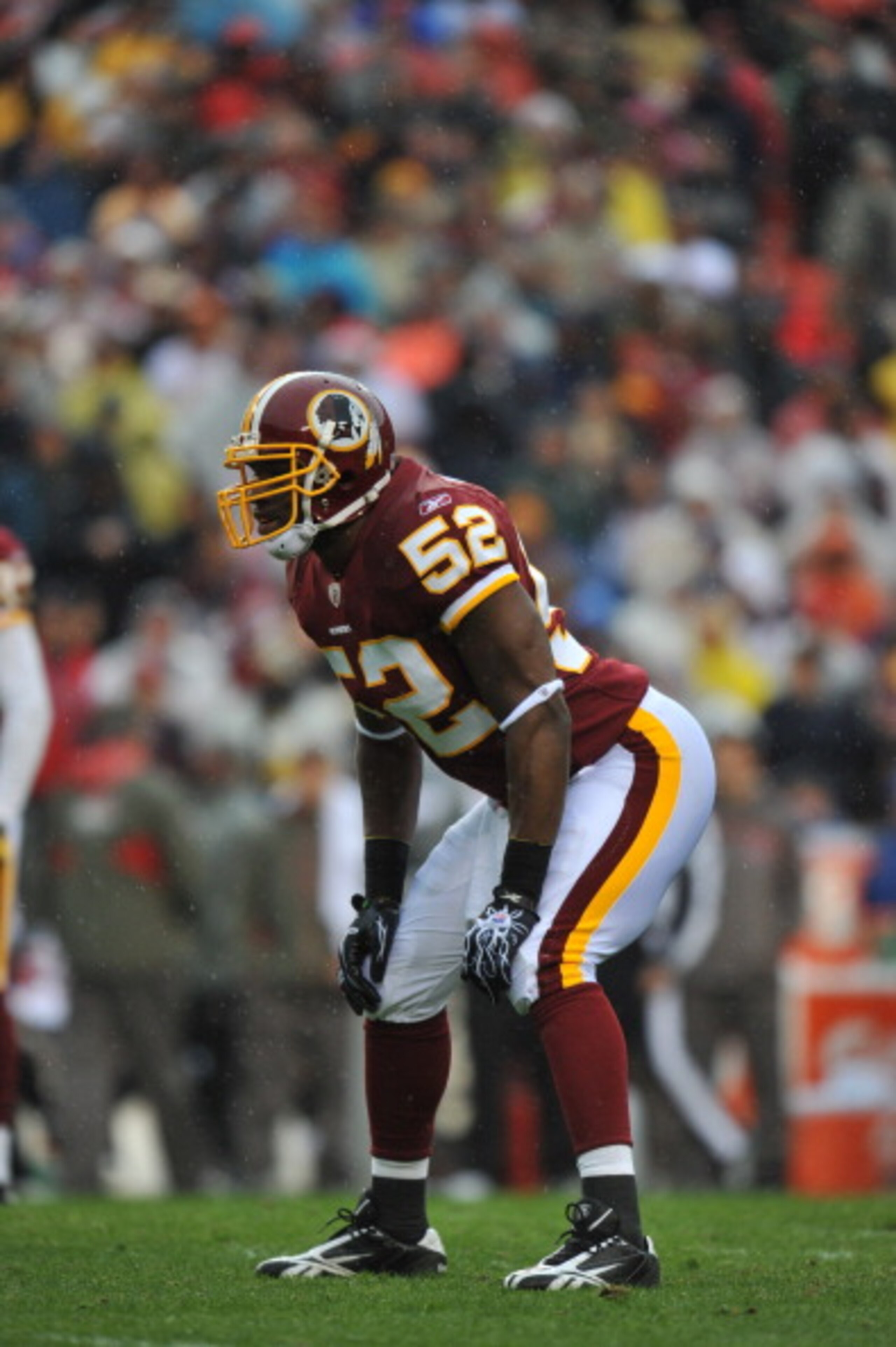LANDOVER, MD - DECEMBER 12: Rocky McIntosh #52 of the Washington Redskins defends against the Tampa Bay Buccaneers at FedExField on December 12, 2010 in Landover, Maryland. The Buccaneers defeated the Redskins 17-16. (Photo by Larry French/Getty Images) LANDOVER, MD - DECEMBER 12: Rocky McIntosh #52 of the Washington Redskins defends against the Tampa Bay Buccaneers at FedExField on December 12, 2010 in Landover, Maryland. The Buccaneers defeated the Redskins 17-16. (Photo by Larry French/Getty Images)