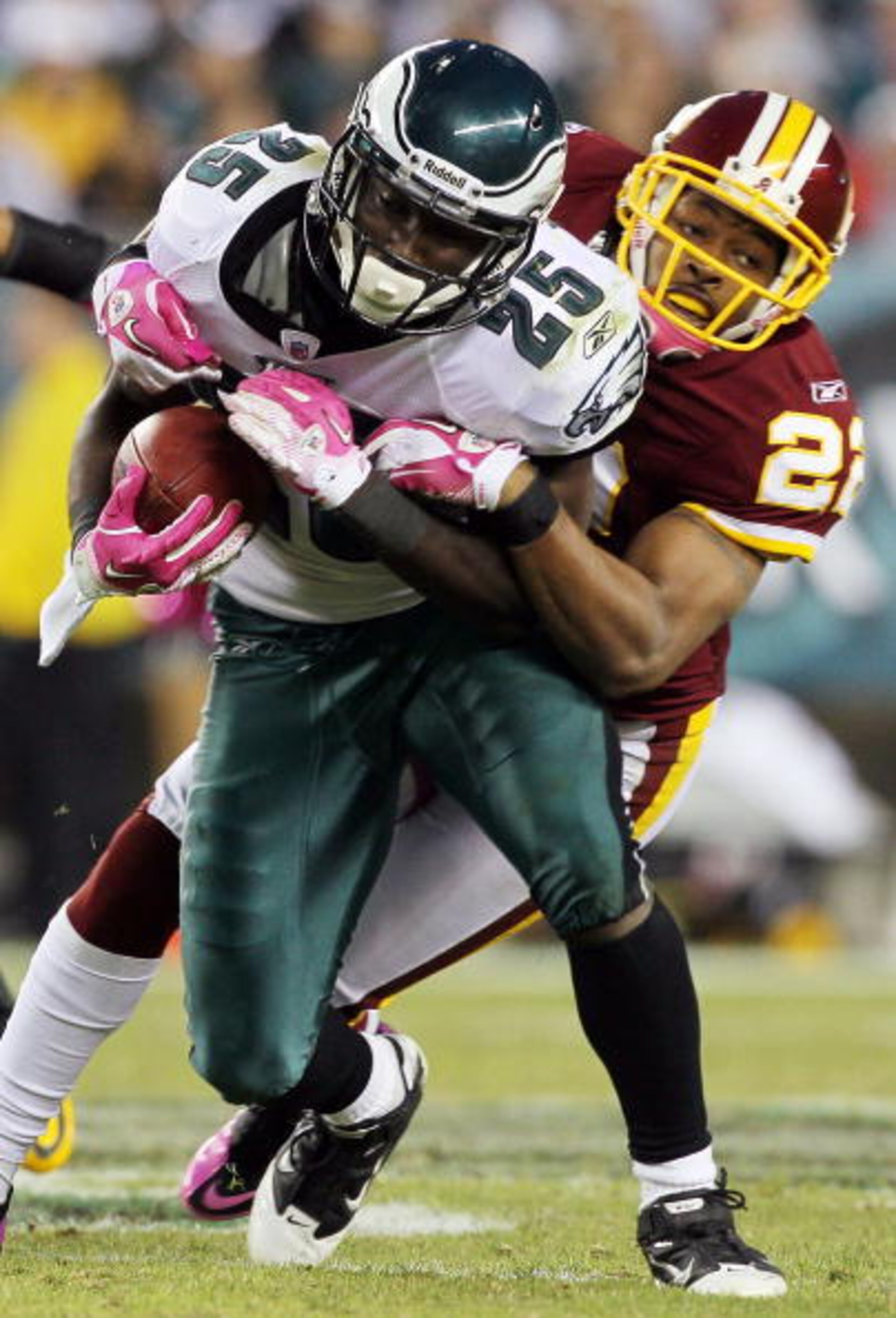 PHILADELPHIA - OCTOBER 03: LeSean McCoy #25 of the Philadelphia Eagles is tackled by Carlos Rogers #22 of the Washington Redskins on October 3, 2010 at Lincoln Financial Field in Philadelphia, Pennsylvania. The Redskins defeated the Eagles 17-12. (Photo PHILADELPHIA - OCTOBER 03: LeSean McCoy #25 of the Philadelphia Eagles is tackled by Carlos Rogers #22 of the Washington Redskins on October 3, 2010 at Lincoln Financial Field in Philadelphia, Pennsylvania. The Redskins defeated the Eagles 17-12. (Photo