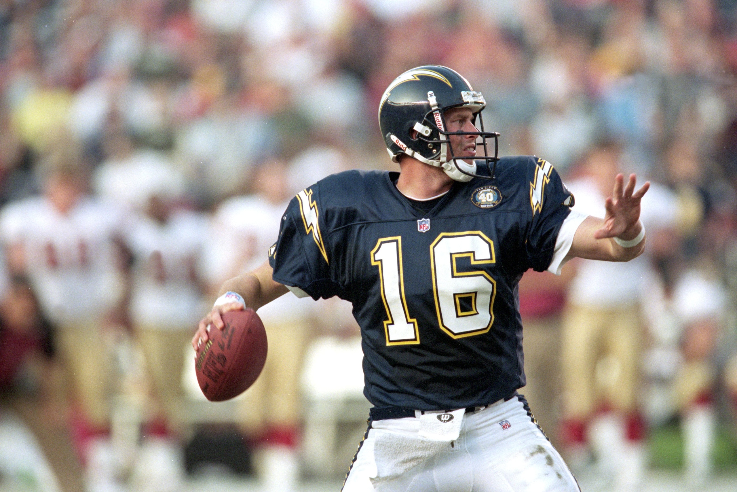 3 Dec 2000: Ryan LEaf #16 of the San Diego Chargers lines up a pass during the game against the San Francisco 49ers at the QualComm Stadium in San Diego, California. The 49ers defeated the Chargers 44-17.Mandatory Credit: Stephen Dunn /Allsport 3 Dec 2000: Ryan LEaf #16 of the San Diego Chargers lines up a pass during the game against the San Francisco 49ers at the QualComm Stadium in San Diego, California. The 49ers defeated the Chargers 44-17.Mandatory Credit: Stephen Dunn /Allsport