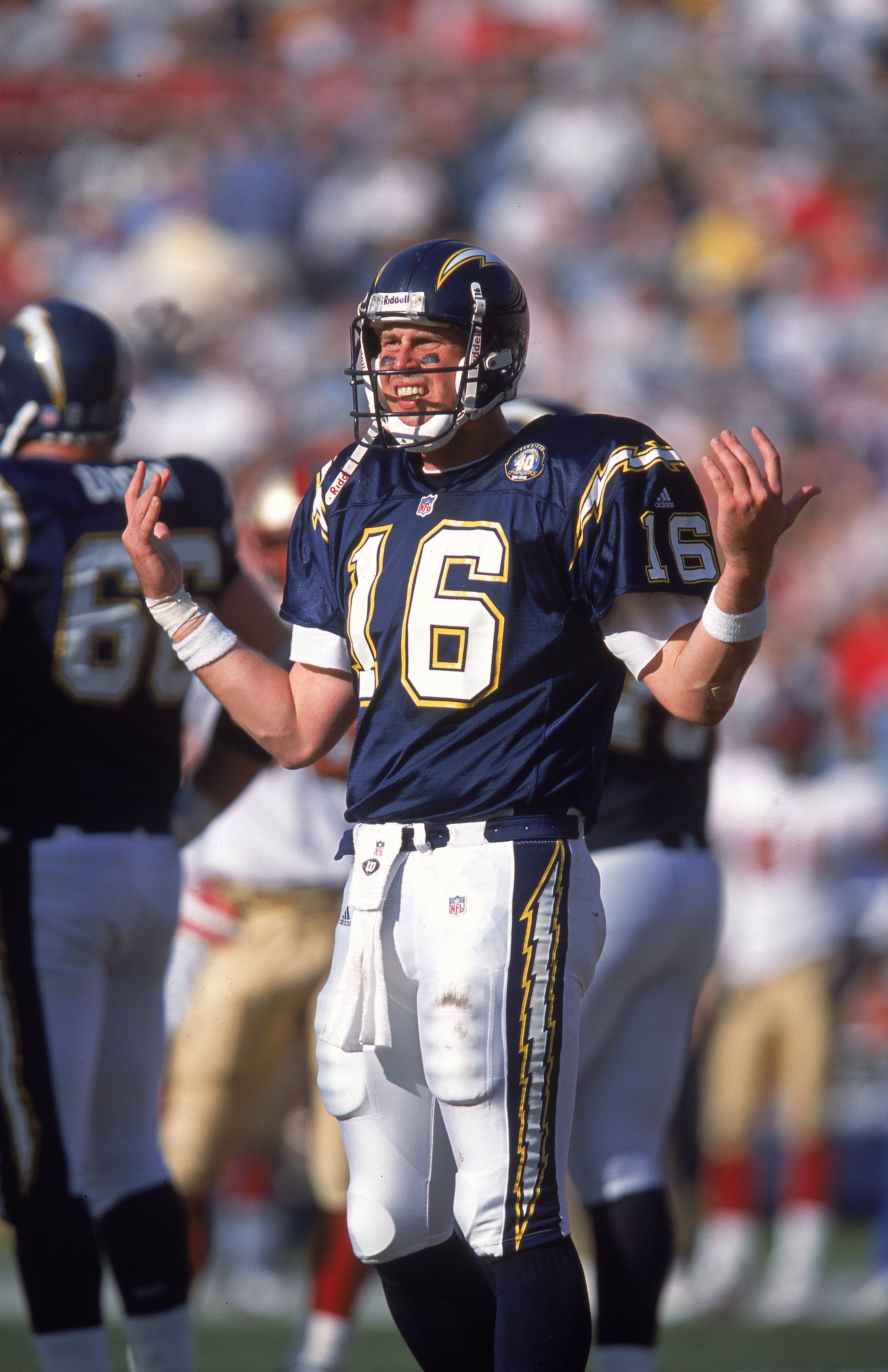 SAN DIEGO, CA - DEC 3: Ryan Leaf #16 of the San Diego Chargers reacts to a call during an NFL game against the San Francisco 49ers on December 3, 2000 at QualComm Stadium in San Diego, California. The 49ers defeated the Chargers 44-17. (Photo by Stephen SAN DIEGO, CA - DEC 3: Ryan Leaf #16 of the San Diego Chargers reacts to a call during an NFL game against the San Francisco 49ers on December 3, 2000 at QualComm Stadium in San Diego, California. The 49ers defeated the Chargers 44-17. (Photo by Stephen