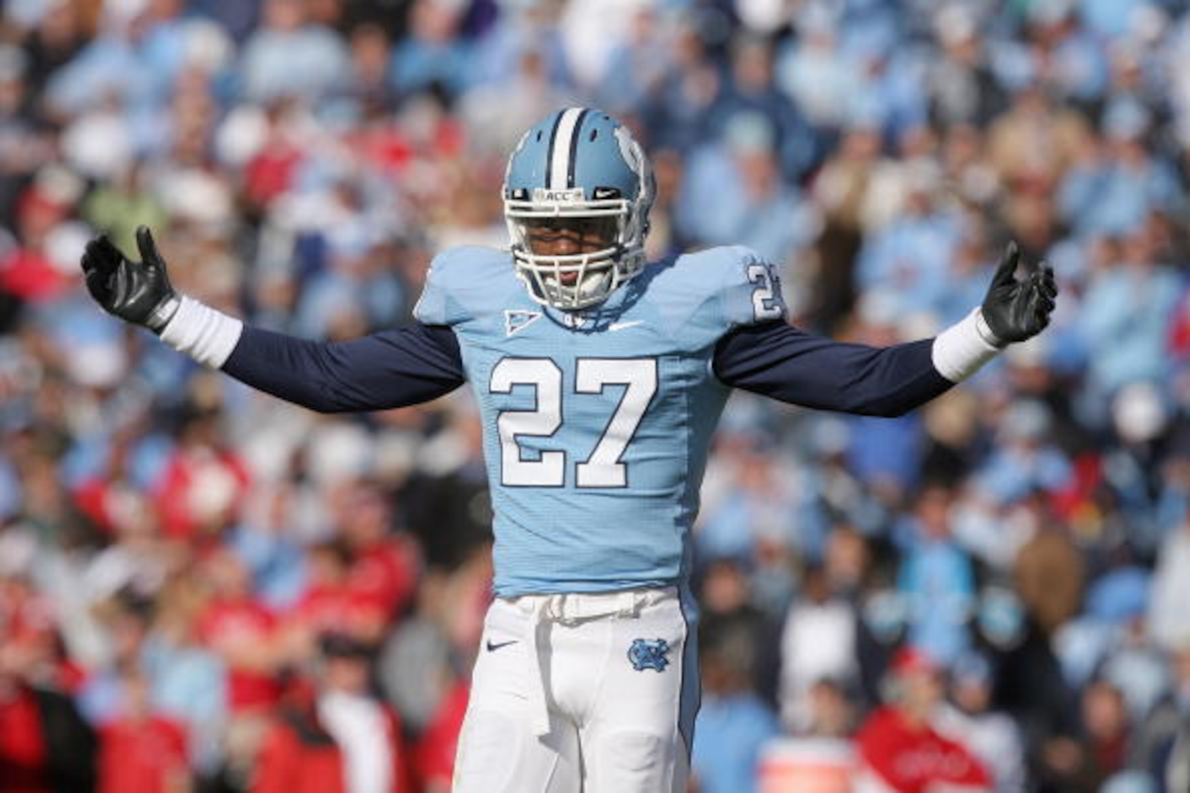 CHAPEL HILL, NC - NOVEMBER 22:  Deunta Williams #27 of the North Carolina Tar Heels celebrates on the field during the game the North Carolina State Wolfpack at Kenan Stadium on November 22, 2008 in Chapel Hill, North Carolina. (Photo by Streeter Lecka/Ge