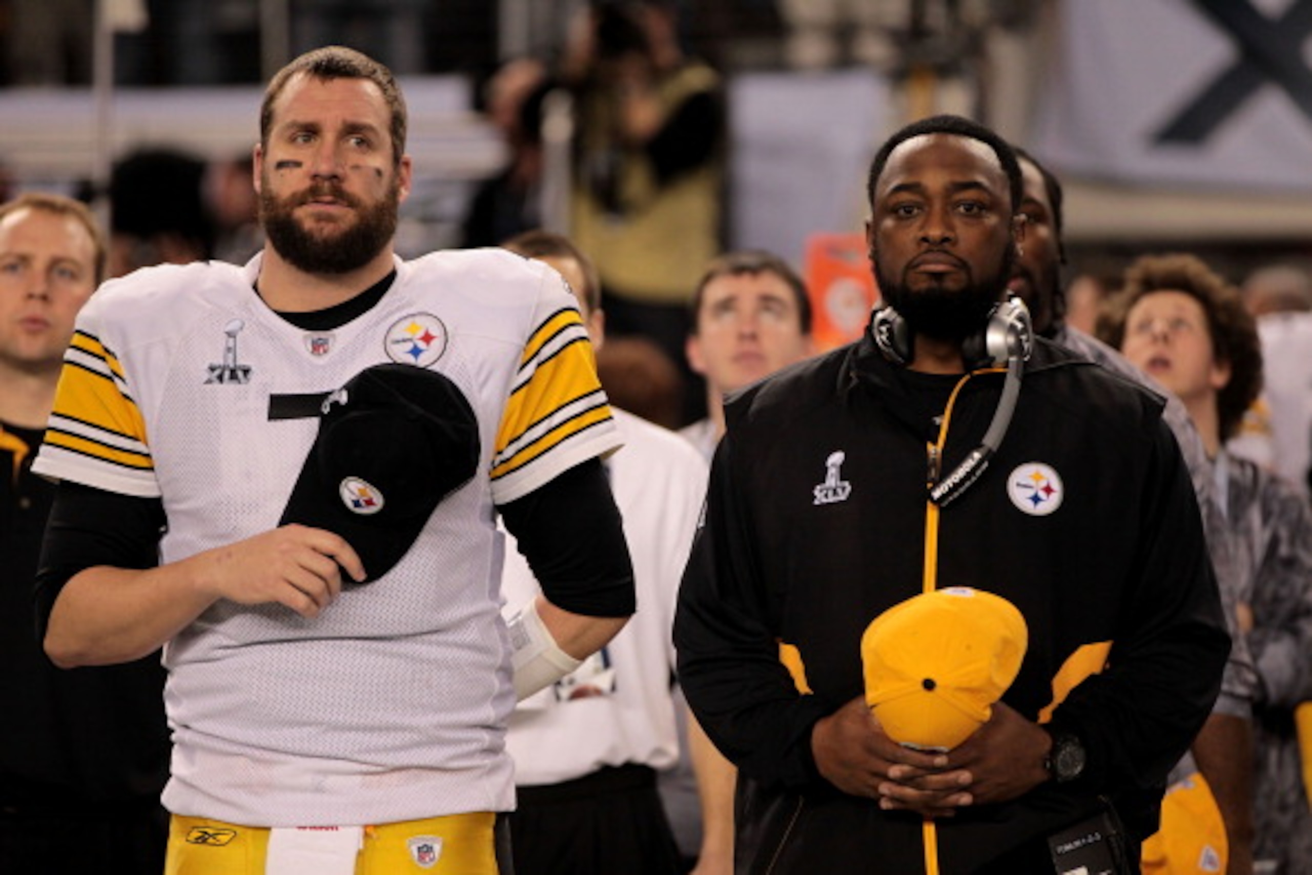 ARLINGTON, TX - FEBRUARY 06: Ben Roethlisberger #7 and head coach Mike Tomlin of the Pittsburgh Steelers look on during the National Anthem during Super Bowl XLV at Cowboys Stadium on February 6, 2011 in Arlington, Texas. (Photo by Jamie Squire/Getty Im ARLINGTON, TX - FEBRUARY 06: Ben Roethlisberger #7 and head coach Mike Tomlin of the Pittsburgh Steelers look on during the National Anthem during Super Bowl XLV at Cowboys Stadium on February 6, 2011 in Arlington, Texas. (Photo by Jamie Squire/Getty Im