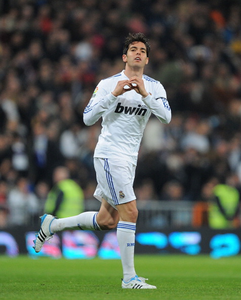 MADRID, SPAIN - FEBRUARY 06: Kaka of Real Madrid  celebrates after scoring Real's first goal  of during the La Liga match between Real Madrid and Real Sociedad at Estadio Santiago Bernabeu on February 6, 2011 in Madrid, Spain.  (Photo by Denis Doyle/Getty