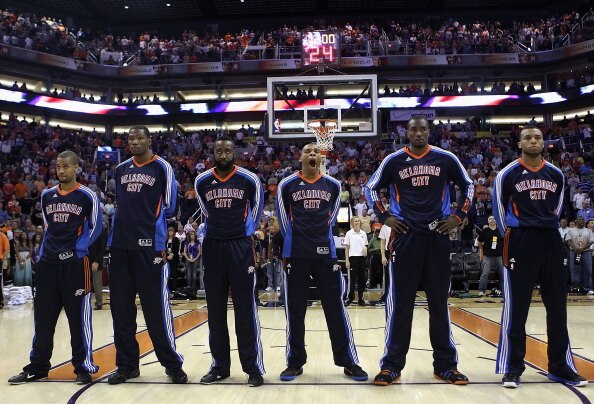 PHOENIX, AZ - MARCH 30:  The Oklahoma City Thunder stand attended before the NBA game against the Phoenix Suns at US Airways Center on March 30, 2011 in Phoenix, Arizona. The Thunder defeated the Suns 116-98.   NOTE TO USER: User expressly acknowledges an
