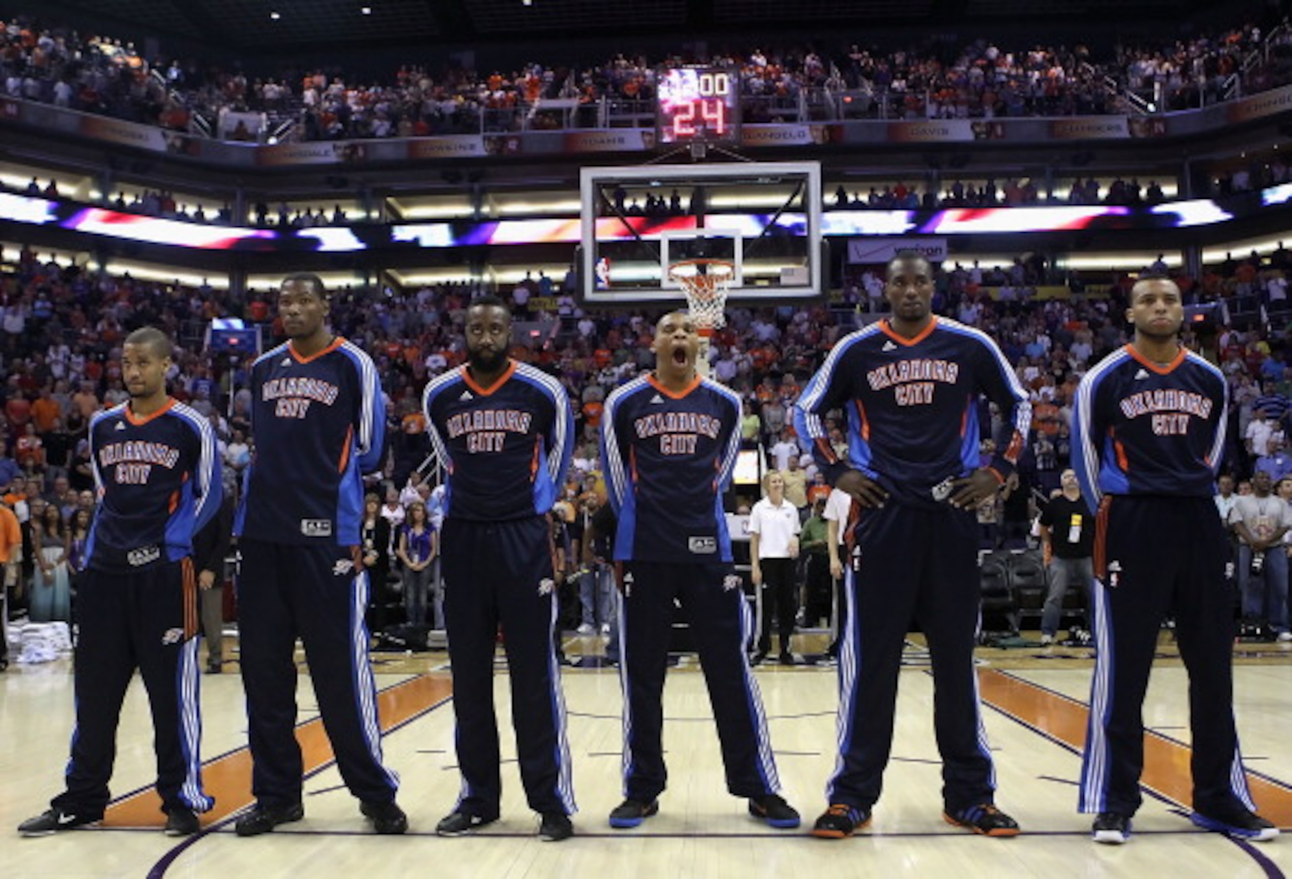 PHOENIX, AZ - MARCH 30:  The Oklahoma City Thunder stand attended before the NBA game against the Phoenix Suns at US Airways Center on March 30, 2011 in Phoenix, Arizona. The Thunder defeated the Suns 116-98.   NOTE TO USER: User expressly acknowledges an