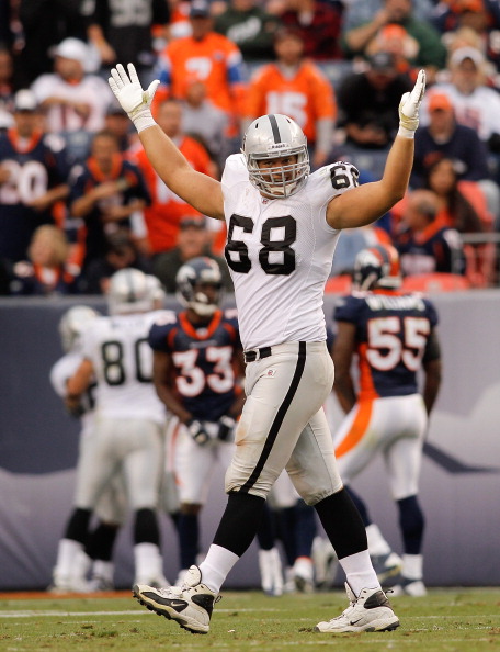 DENVER - OCTOBER 24:  Center Jared Veldheer #68 of the Oakland Raiders celebrates a touchdown by teammate Darren McFadden (not pictured) in the third quarter against the Denver Broncos at INVESCO Field at Mile High on October 24, 2010 in Denver, Colorado.