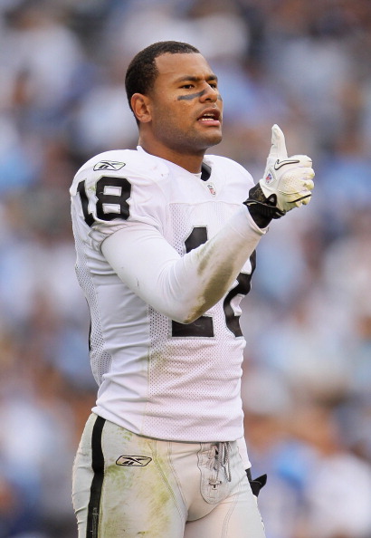 SAN DIEGO - DECEMBER 05:  Louis Murphy #18 the Oakland Raiders gestures against the San Diego Chargers at Qualcomm Stadium on December 5, 2010 in San Diego, California. The Raiders defeated the Chargers 28-13.  (Photo by Jeff Gross/Getty Images)