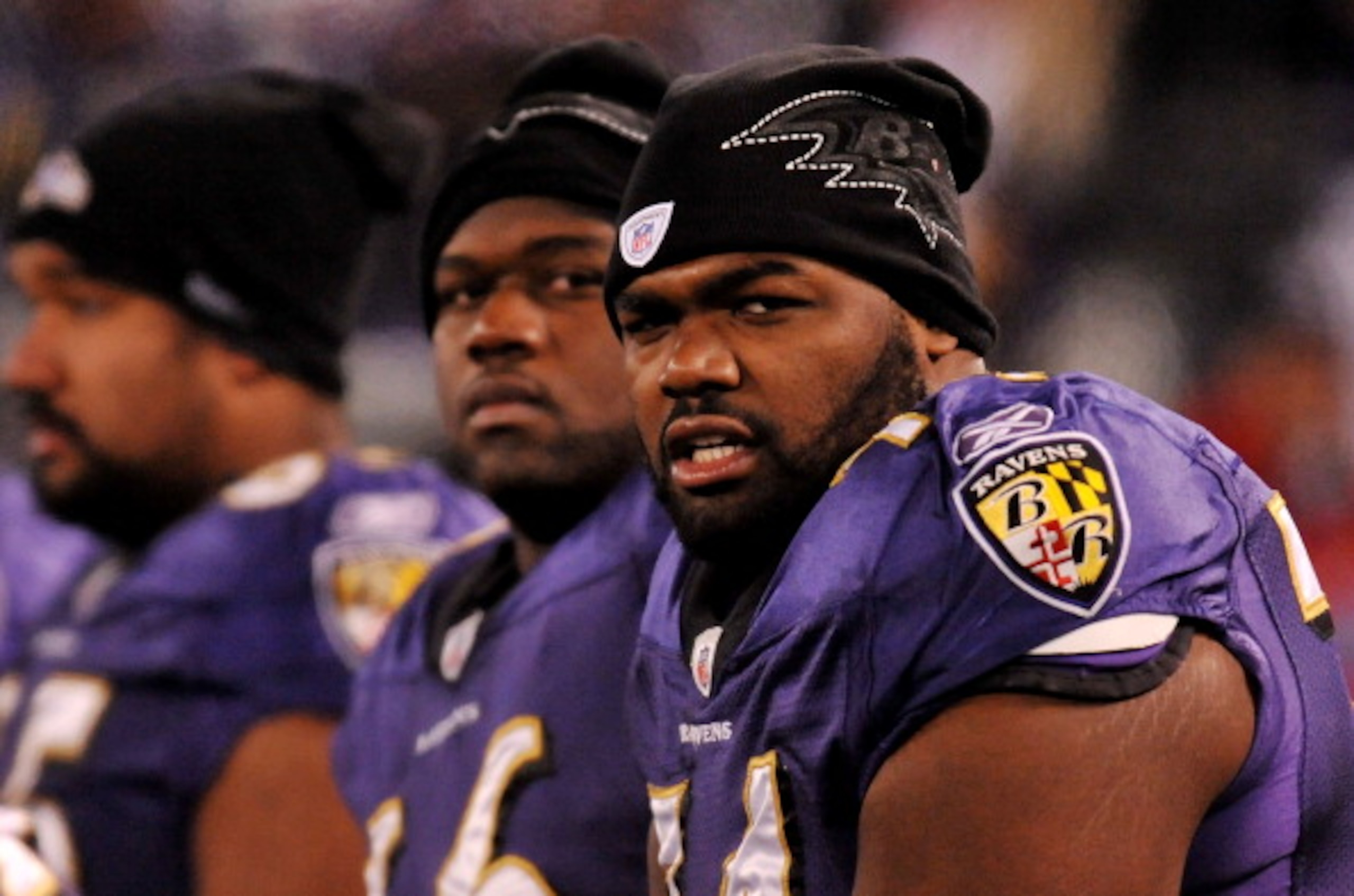 BALTIMORE, MD - DECEMBER 05:  Tackle Michael Oher #74 of the Baltimore Ravens looks on from the bench during the game against the Pittsburgh Steelers at M&T Bank Stadium on December 5, 2010 in Baltimore, Maryland.  (Photo by Larry French/Getty Images)