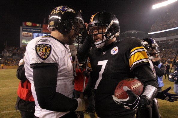 PITTSBURGH, PA - JANUARY 15:  Quarterback Ben Roethlisberger #7 of the Pittsburgh Steelers speaks with quarterback Joe Flacco #5 of the Baltimore Ravens following the AFC Divisional Playoff Game at Heinz Field on January 15, 2011 in Pittsburgh, Pennsylvan