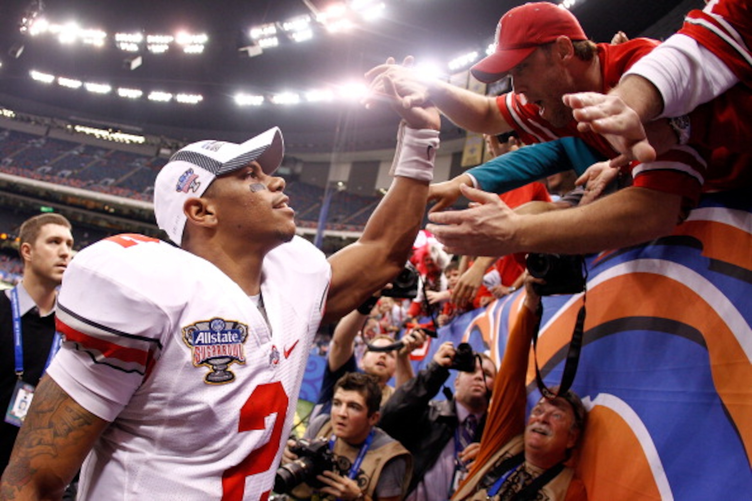 NEW ORLEANS, LA - JANUARY 04:  Quarterback Terrelle Pryor #2 of the Ohio State Buckeyes celebrates the Buckeyes 31-26 victory against the Arkansas Razorbacks during the Allstate Sugar Bowl at the Louisiana Superdome on January 4, 2011 in New Orleans, Loui