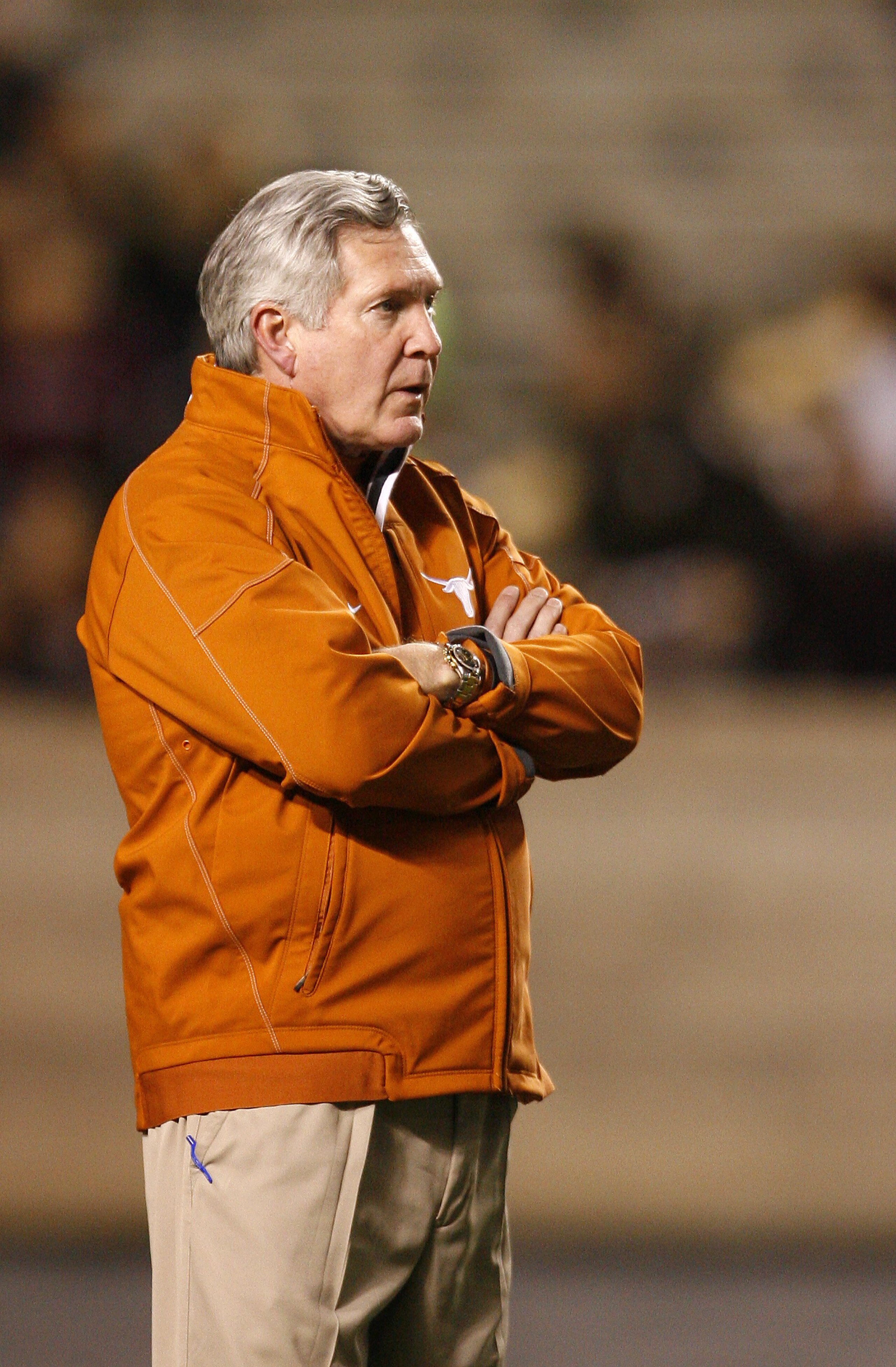 COLLEGE STATION, TX - NOVEMBER 26:  Head coach Mack Brown of the Texas Longhorns looks on prior heir game against the Texas A&M Aggies at Kyle Field on November 26, 2009 in College Station, Texas. The Longhorns defeated the Aggies 49-39. (Photo by Aaron M
