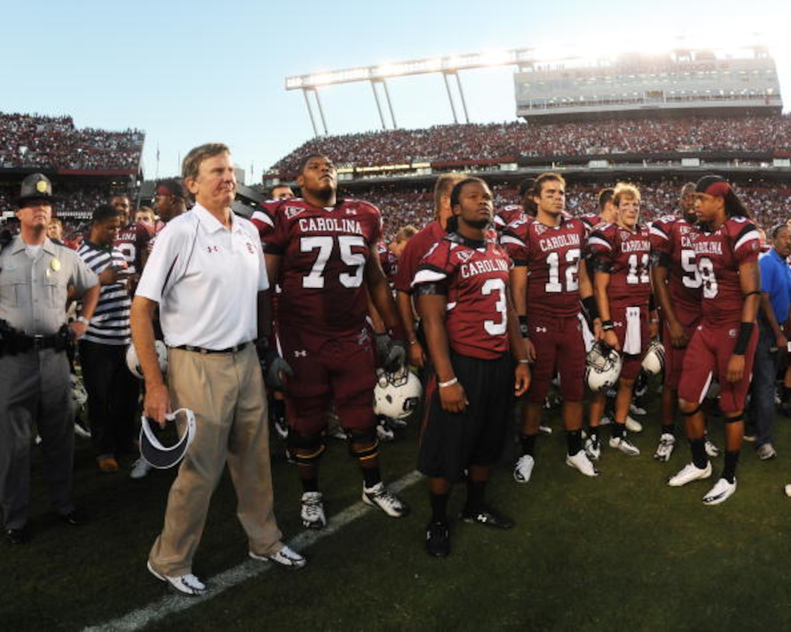 COLUMBIA, SC - OCTOBER 9: Coach Steve Spurrier of the South Carolina Gamecocks lines up with players after play against the Alabama Crimson Tide October 9, 2010 at Williams-Brice Stadium in Columbia, South Carolina.  (Photo by Al Messerschmidt/Getty Image