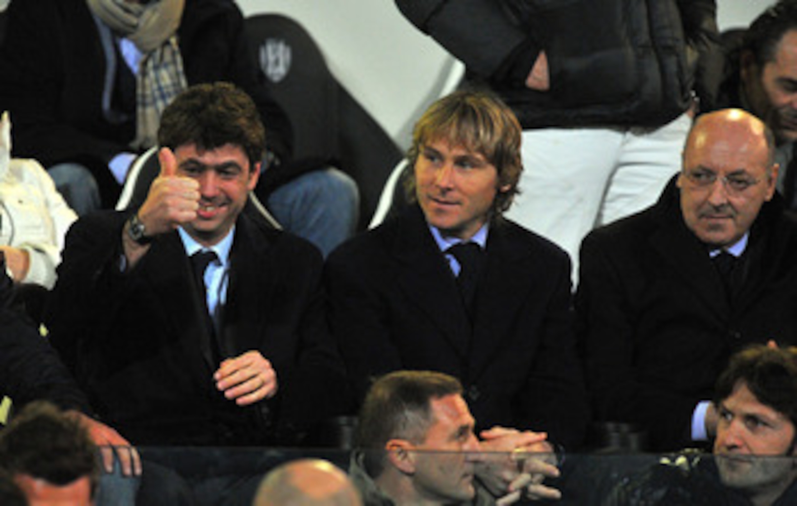 CESENA, ITALY - MARCH 12: President of Juventus Andrea Agnelli, Pavel Nedved and Giuseppe Marotta look on during the Serie A match between AC Cesena and Juventus FC at Dino Manuzzi Stadium on March 12, 2011 in Cesena, Italy.  (Photo by Roberto Serra/Getty