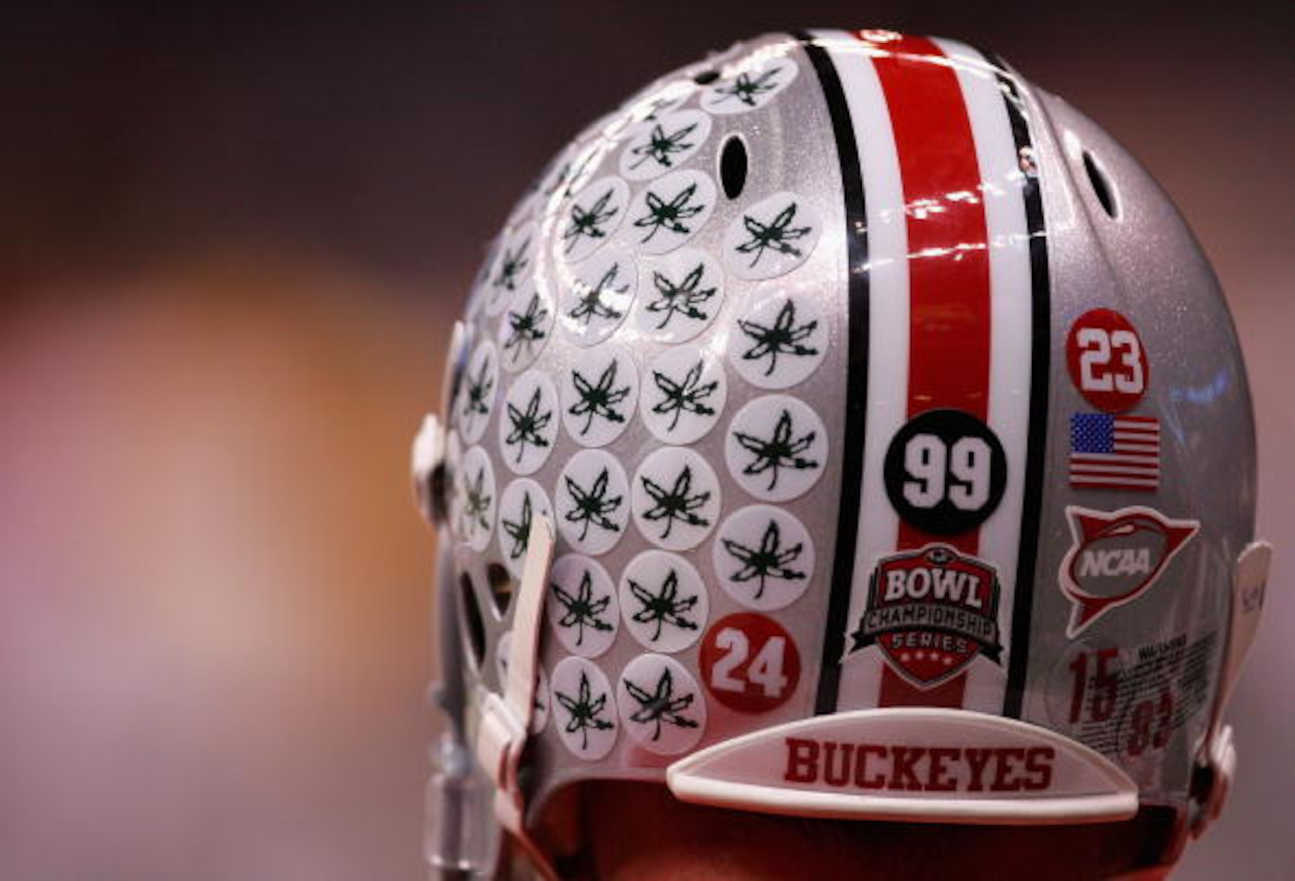 NEW ORLEANS - JANUARY 07:  Detail of Buckeye stickers on the helmet of a Ohio State Buckeyes athlete before the AllState BCS National Championship against the Louisiana State University Tigers on January 7, 2008 at the Louisiana Superdome in New Orleans,