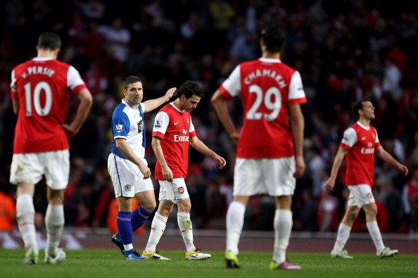 LONDON, ENGLAND - APRIL 02:  David Dunn of Blackburn consoles Cesc Fabregas of Arsenal during the Barclays Premier League match between Arsenal and Blackburn Rovers at the Emirates Stadium on April 2, 2011 in London, England.  (Photo by Julian Finney/Gett