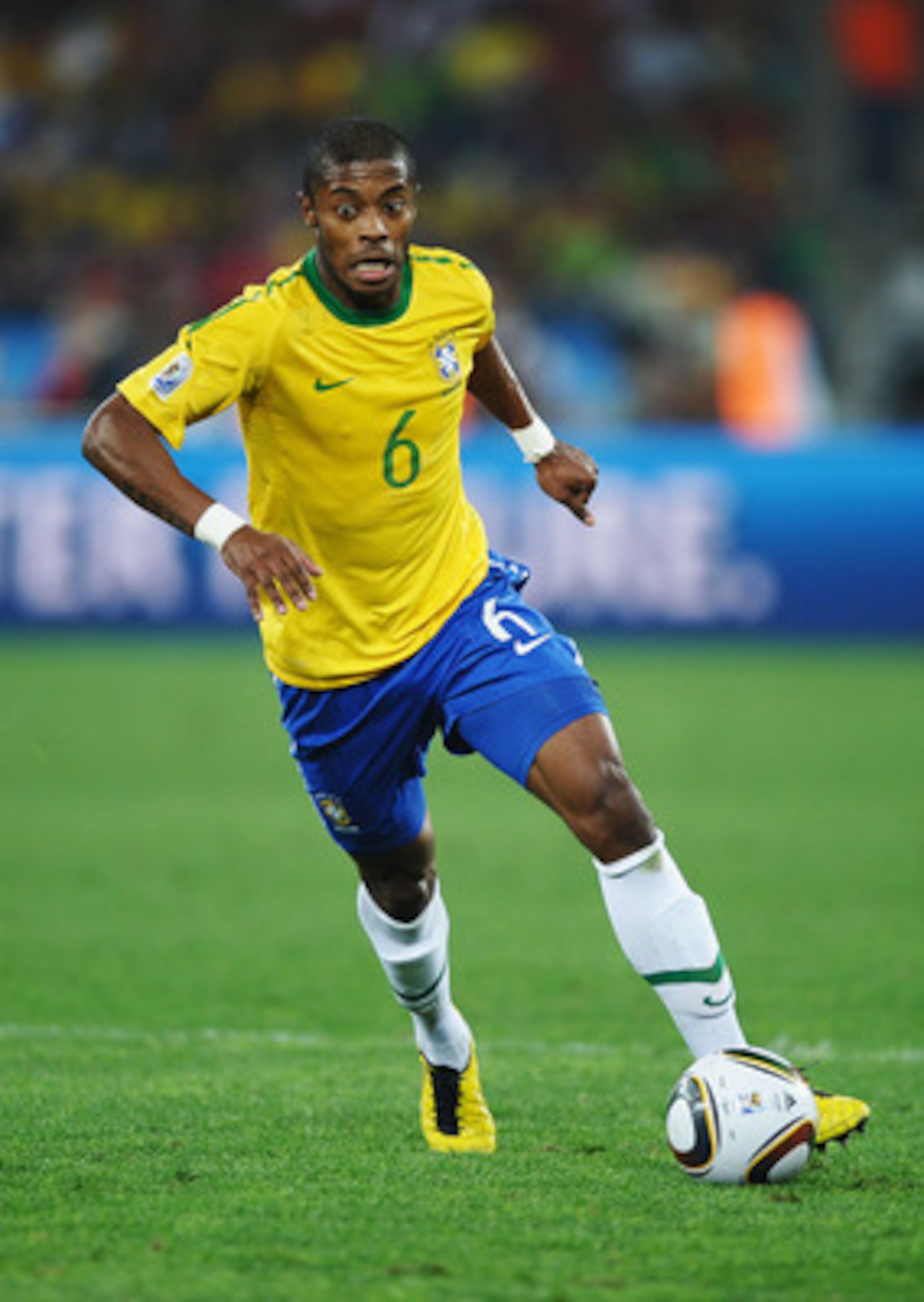 DURBAN, SOUTH AFRICA - JUNE 25:  Michel Bastos of Brazil in action during the 2010 FIFA World Cup South Africa Group G match between Portugal and Brazil at Durban Stadium on June 25, 2010 in Durban, South Africa.  (Photo by Laurence Griffiths/Getty Images