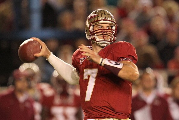 TALLAHASSEE, FL - NOVEMBER 27:  Christian Ponder #7 of the Florida State Seminoles throws for a first down during a game against the Florida Gators at Doak Campbell Stadium on November 27, 2010 in Tallahassee, Florida.  (Photo by Mike Ehrmann/Getty Images
