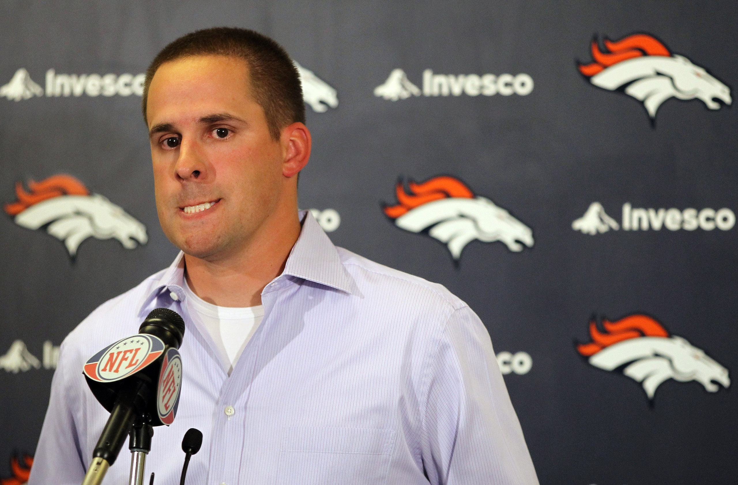 ENGLEWOOD, CO - SEPTEMBER 21:  Denver Broncos head coach Josh McDaniel addresses the media during a press conference to discuss the death of Bronco wide receiver Kenny McKinley at the Denver Broncos Headquarters at Dove Valley on September 21, 2010 in Eng
