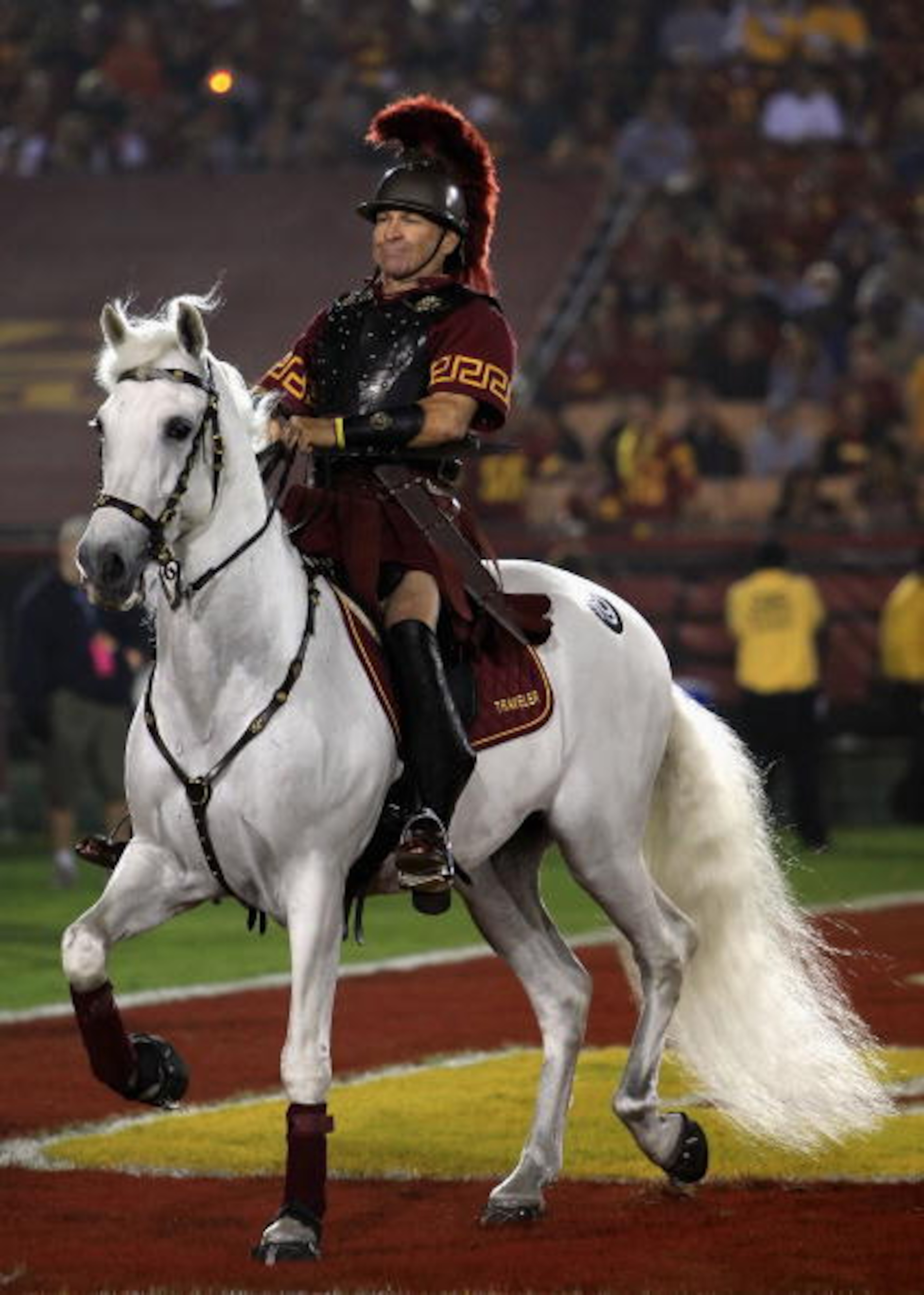 LOS ANGELES, CA - NOVEMBER 03: The USC Trojans mascot 'Traveler' walks the end zone during the college football game against the Oregon State Beavers at the Los Angeles Memorial Coliseum on November 3, 2007 in Los Angeles, California. USC defeated Oregon LOS ANGELES, CA - NOVEMBER 03: The USC Trojans mascot 'Traveler' walks the end zone during the college football game against the Oregon State Beavers at the Los Angeles Memorial Coliseum on November 3, 2007 in Los Angeles, California. USC defeated Oregon