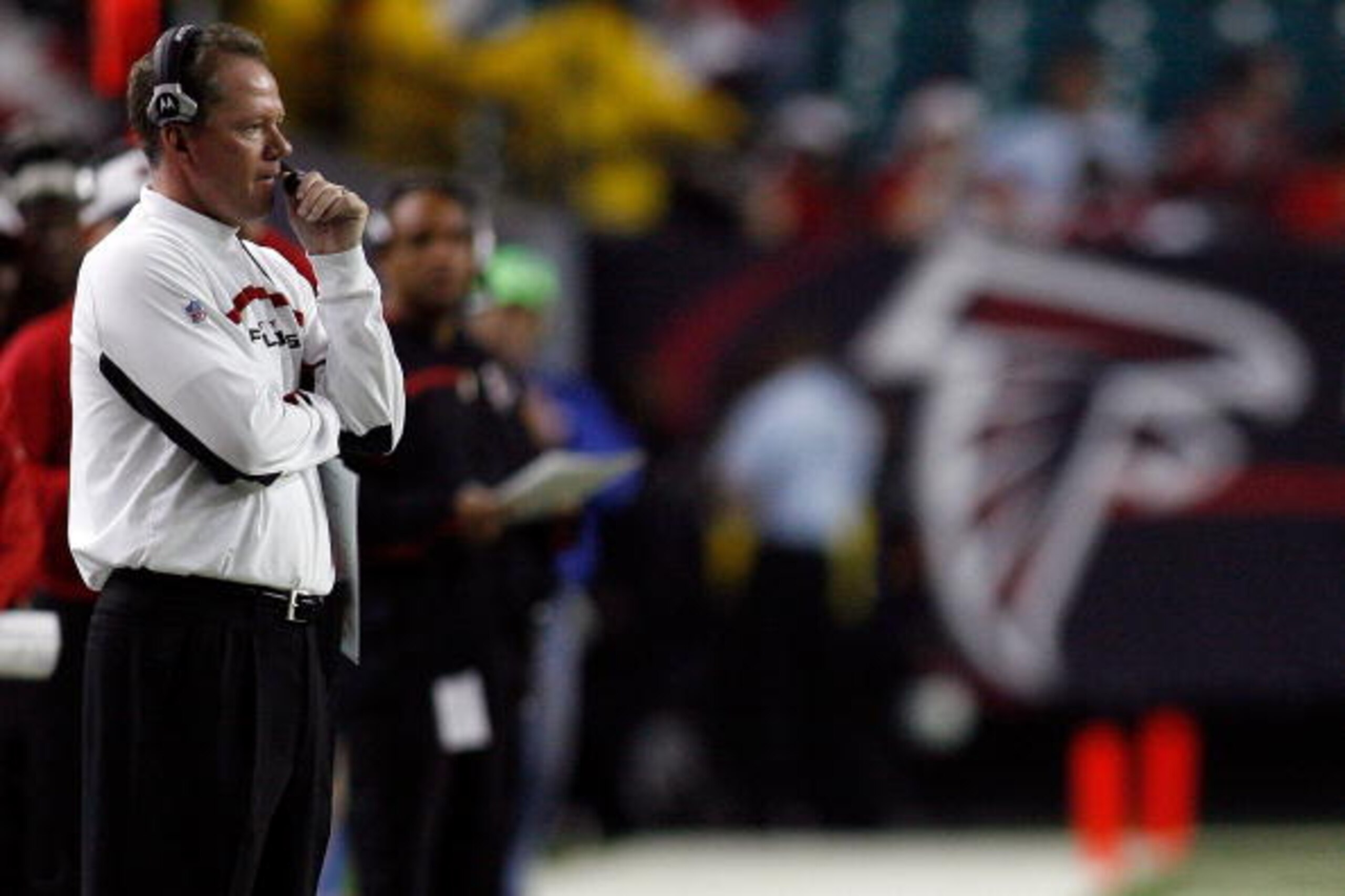 ATLANTA - DECEMBER 10: Head Coach Bobby Petrino of the Atlanta Falcons calls a play against the New Orleans Saints on December 10, 2007 at the Georgia Dome in Atlanta, Georgia. The Saints defeated the Falcons 34-14.  (Photo by Chris Graythen/Getty Images)