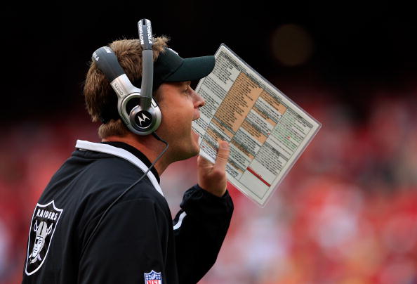 KANSAS CITY, MO - SEPTEMBER 14:  Head coach Lane Kiffin of the Oakland Raiders yells instructions to players during the first half fo the game against the Kansas City Chiefs on September 14, 2008 at Arrowhead Stadium in Kansas City, Missouri.  (Photo by J