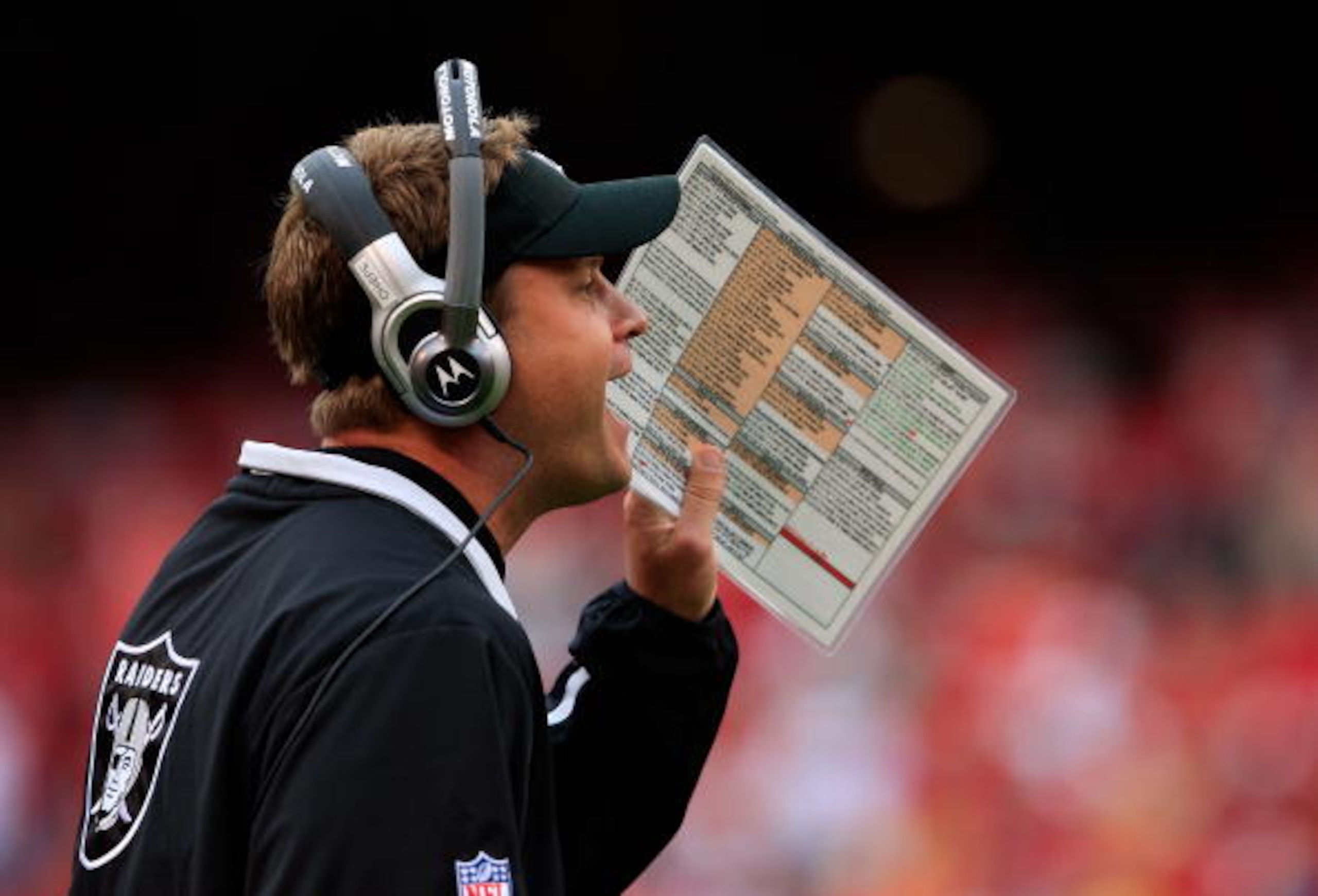 KANSAS CITY, MO - SEPTEMBER 14:  Head coach Lane Kiffin of the Oakland Raiders yells instructions to players during the first half fo the game against the Kansas City Chiefs on September 14, 2008 at Arrowhead Stadium in Kansas City, Missouri.  (Photo by J