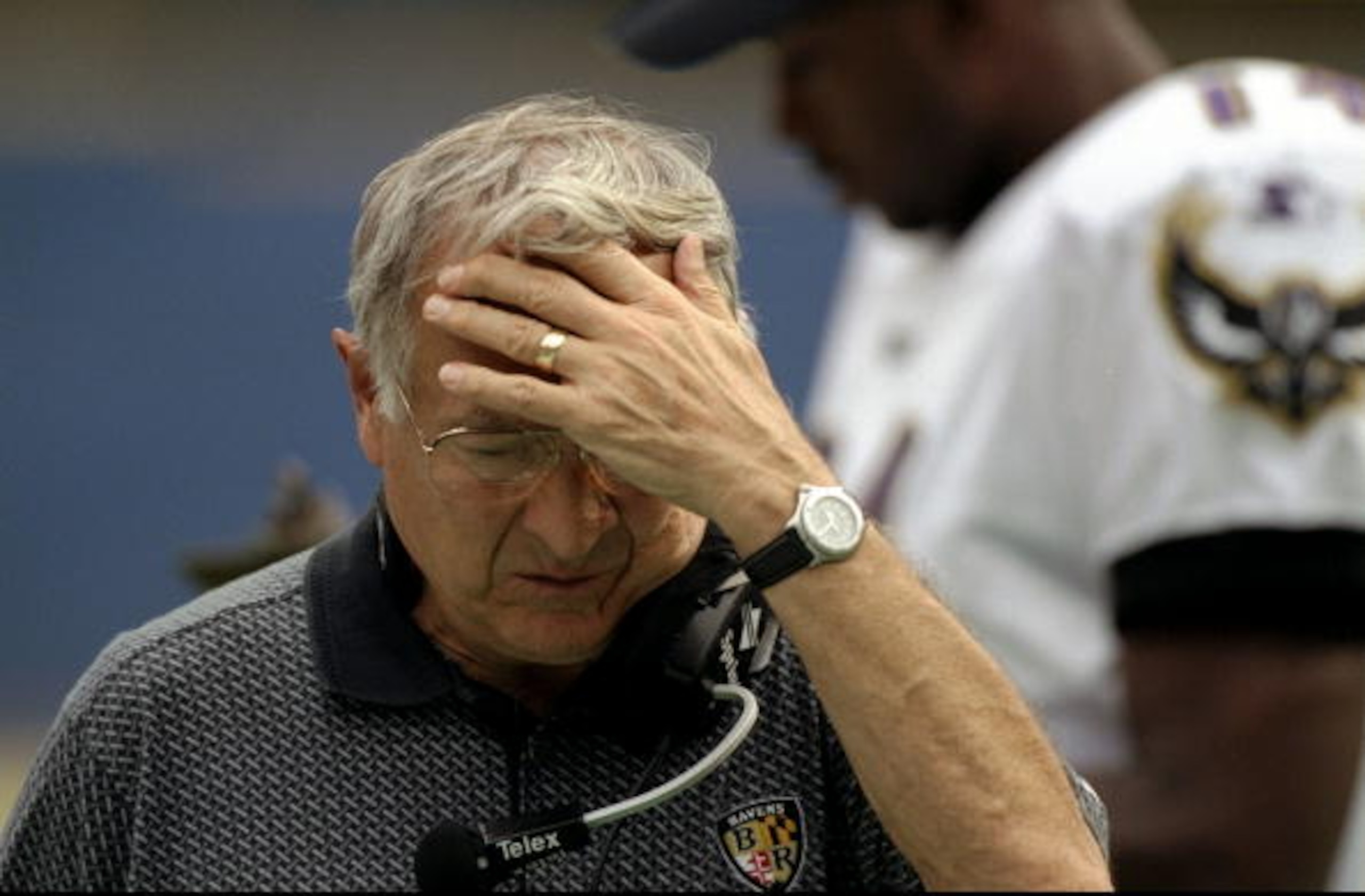 18 Oct 1998: Head Coach Ted Marchibroda of the Baltimore Ravens holds his head during the game against the Pittsburgh Steelers at Three Rivers Stadium in Pittsburgh, Pennsylvania. The Steelers defeated the Ravens 16-6. Mandatory Credit: Brian Bahr/Allspor